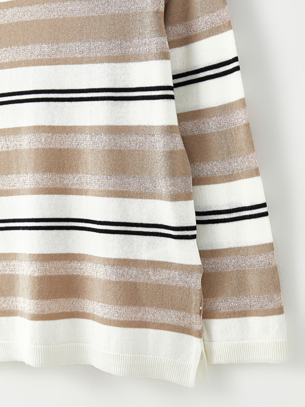 Bej Bisiklet Yaka Çizgili Uzun Kollu Kadın Triko Kazak-6