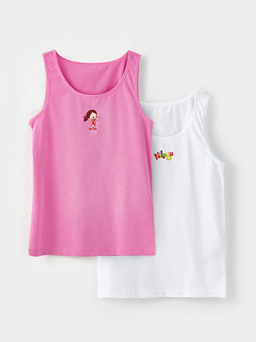 Beyaz Bisiklet Yaka Niloya Baskılı Pamuklu Kız Çocuk Atlet 2'li