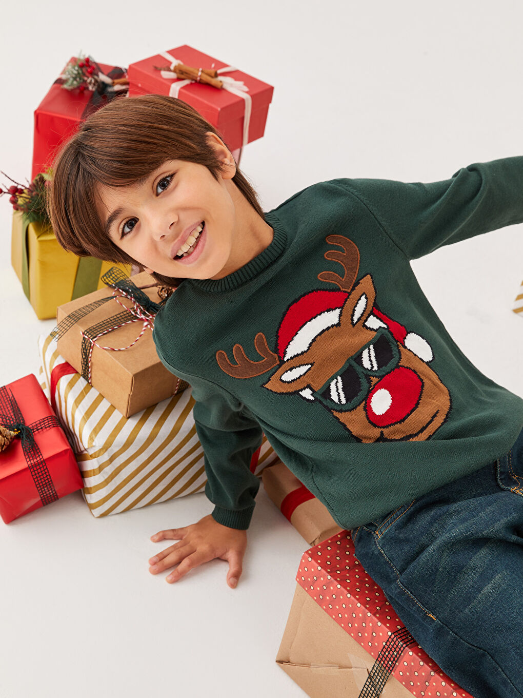 Yeşil Bisiklet Yaka Yılbaşı Temalı Uzun Kollu Erkek Çocuk Triko Kazak