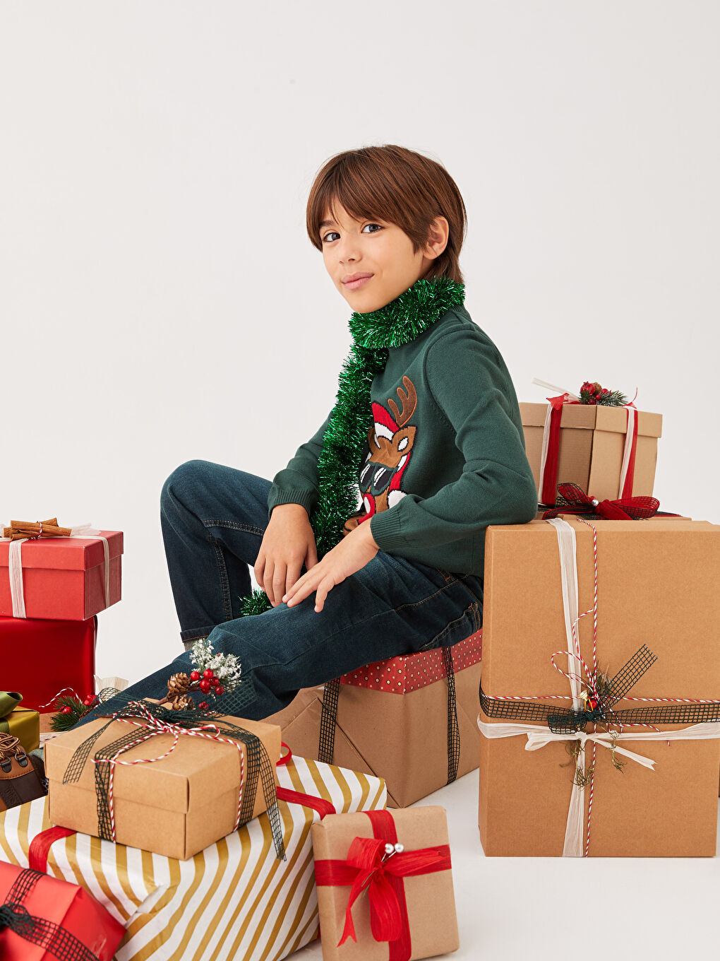 Yeşil Bisiklet Yaka Yılbaşı Temalı Uzun Kollu Erkek Çocuk Triko Kazak-1