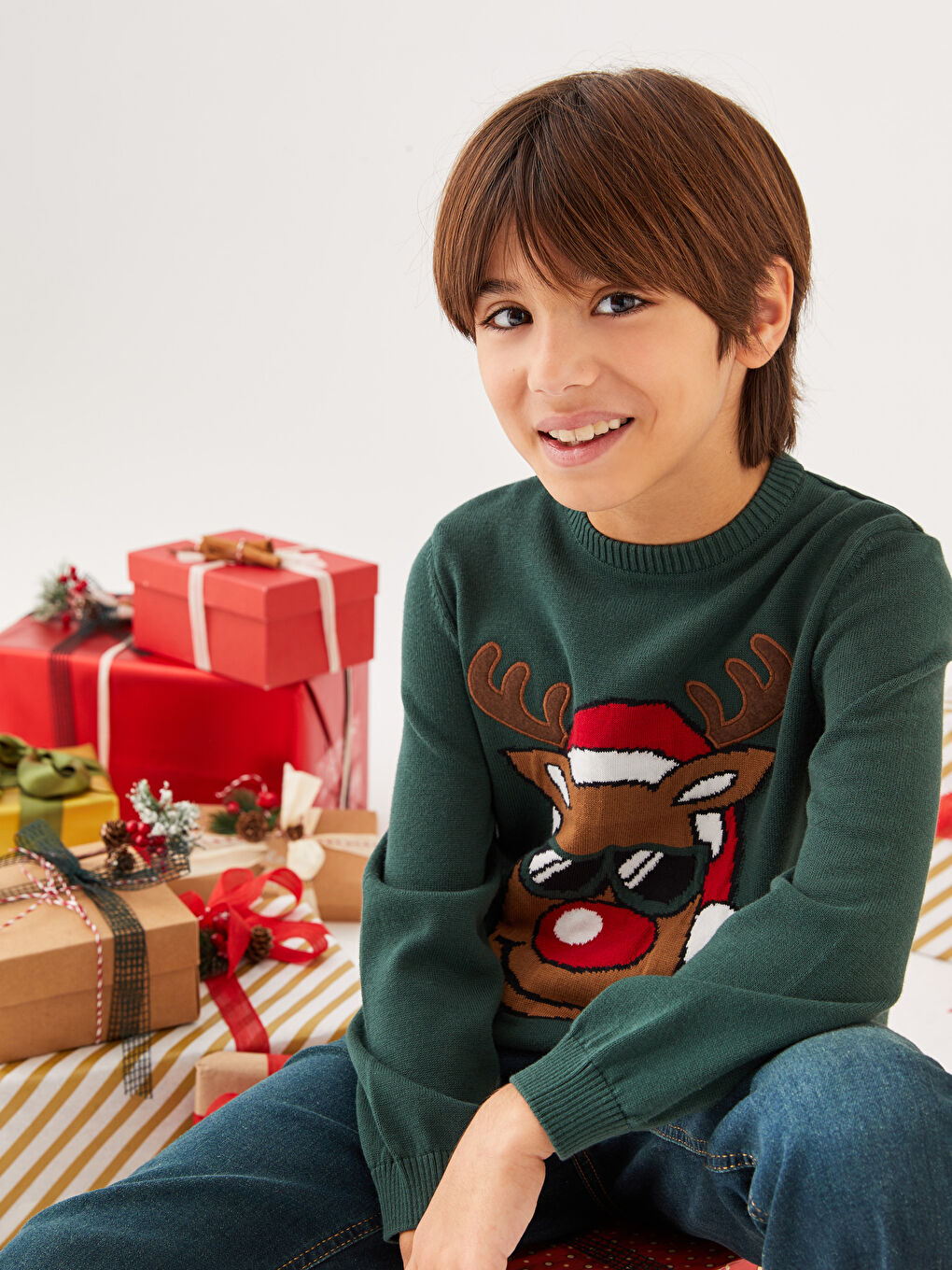 Yeşil Bisiklet Yaka Yılbaşı Temalı Uzun Kollu Erkek Çocuk Triko Kazak-3