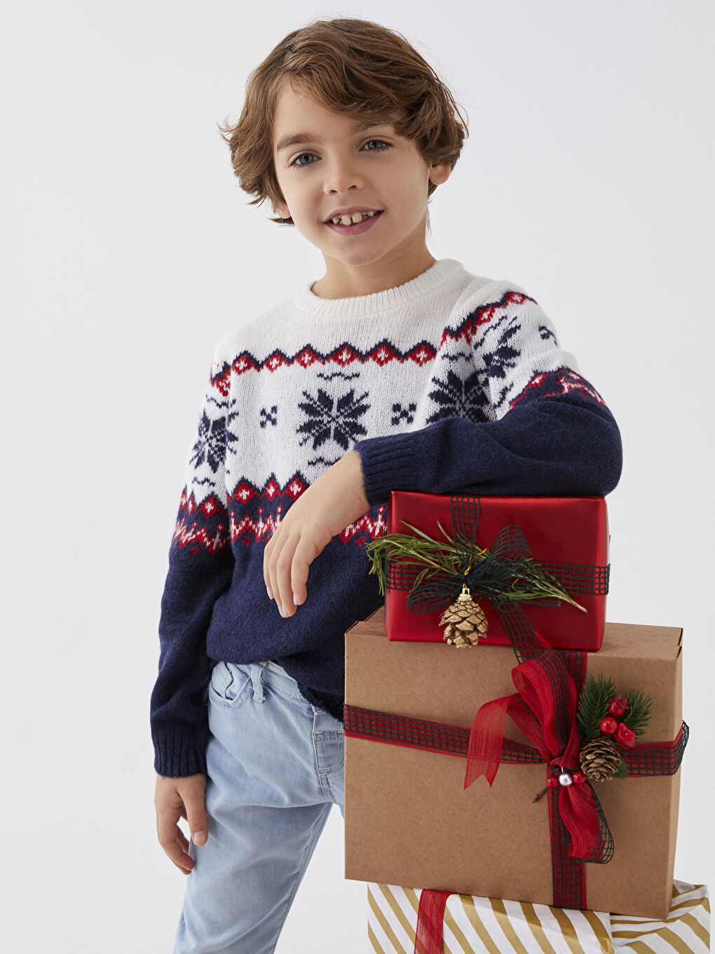 Crew Neck Patterned Long Sleeve Boy Tricot Sweater