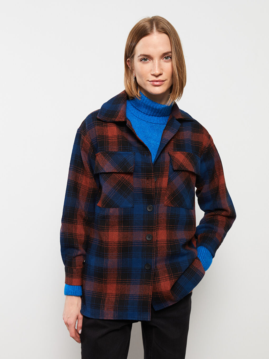 Turuncu Ekose Uzun Kollu Kadın Gömlek Ceket