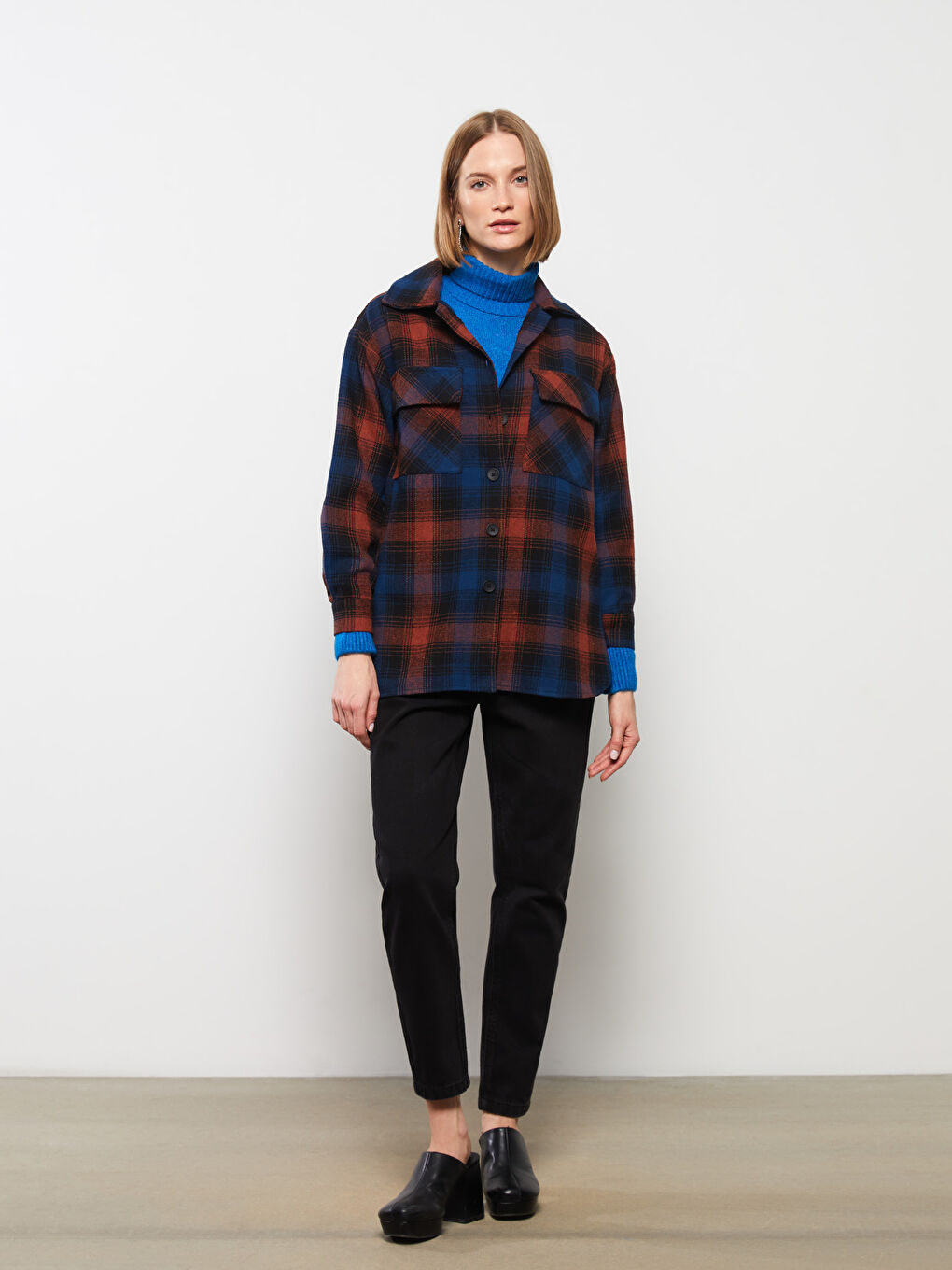 Turuncu Ekose Uzun Kollu Kadın Gömlek Ceket-1