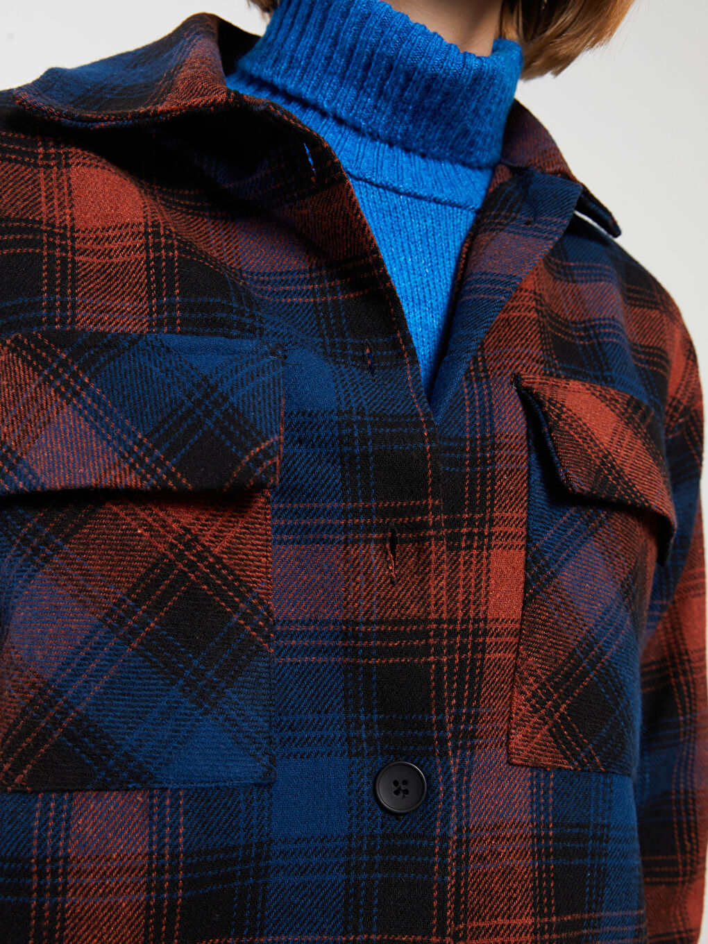 Turuncu Ekose Uzun Kollu Kadın Gömlek Ceket-2