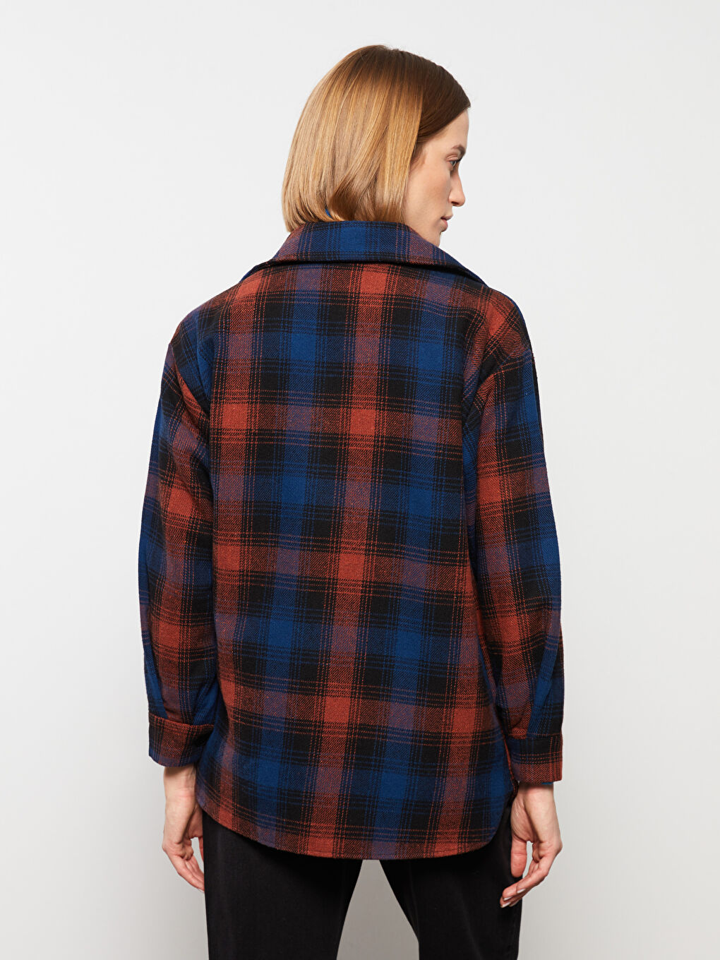 Turuncu Ekose Uzun Kollu Kadın Gömlek Ceket-3