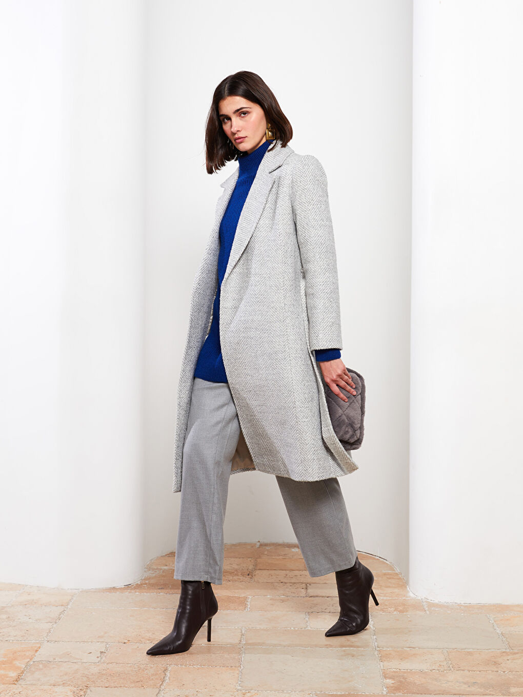 Gri Ceket Yaka Desenli Kadın Kaşe Kaban-1