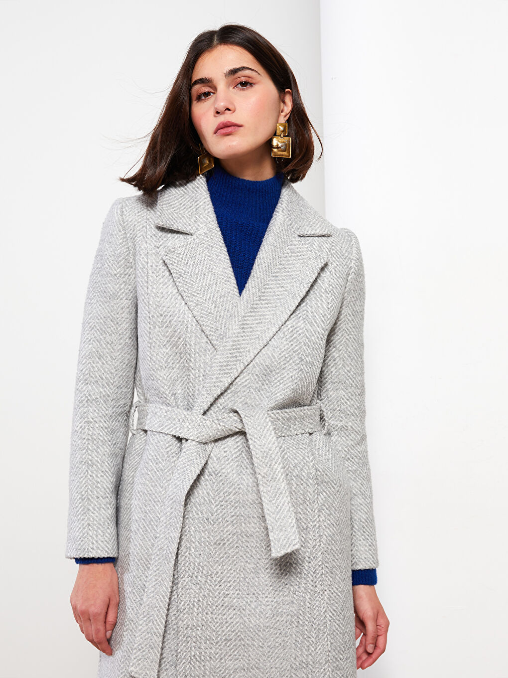 Gri Ceket Yaka Desenli Kadın Kaşe Kaban-3