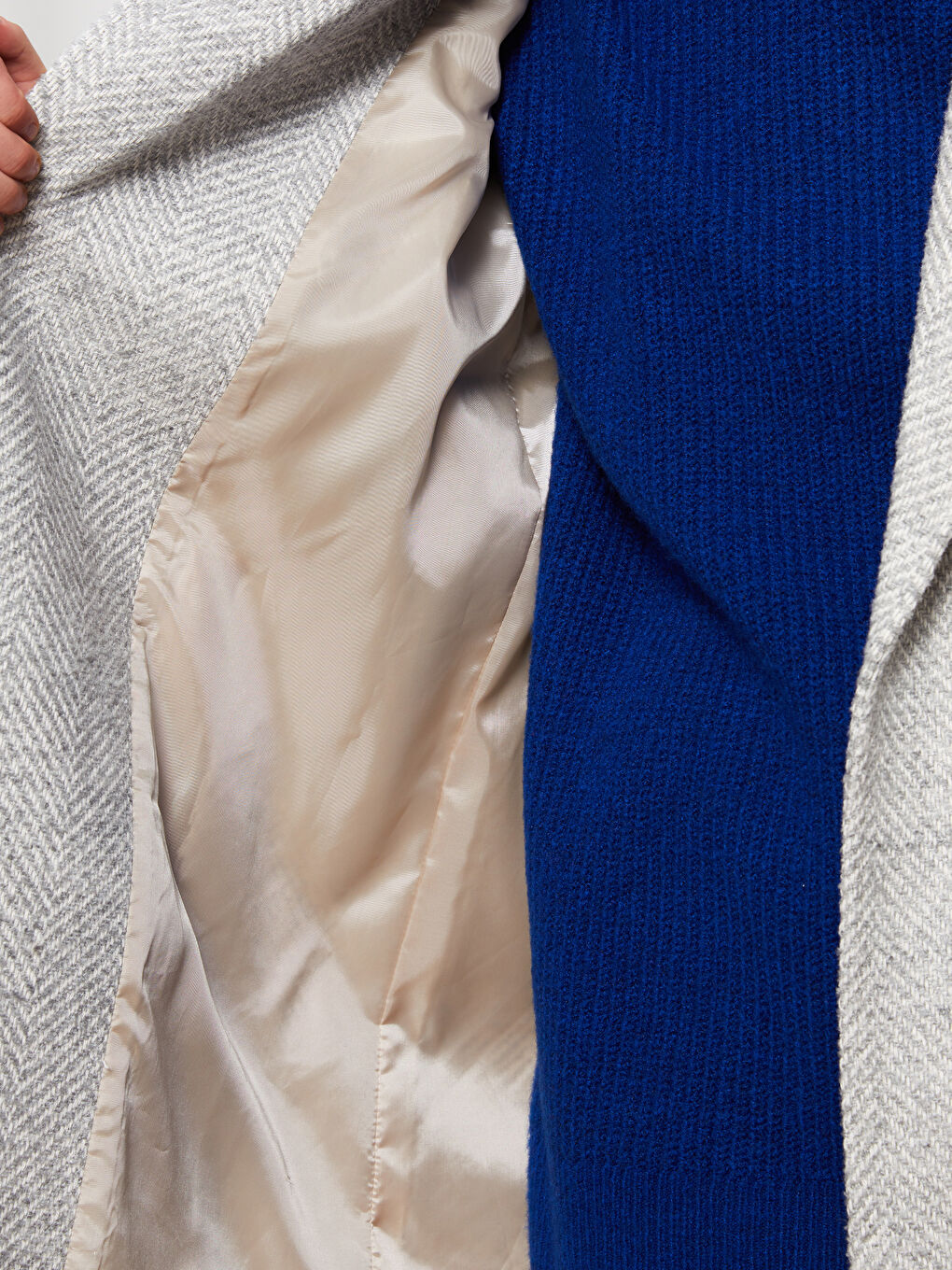 Gri Ceket Yaka Desenli Kadın Kaşe Kaban-4