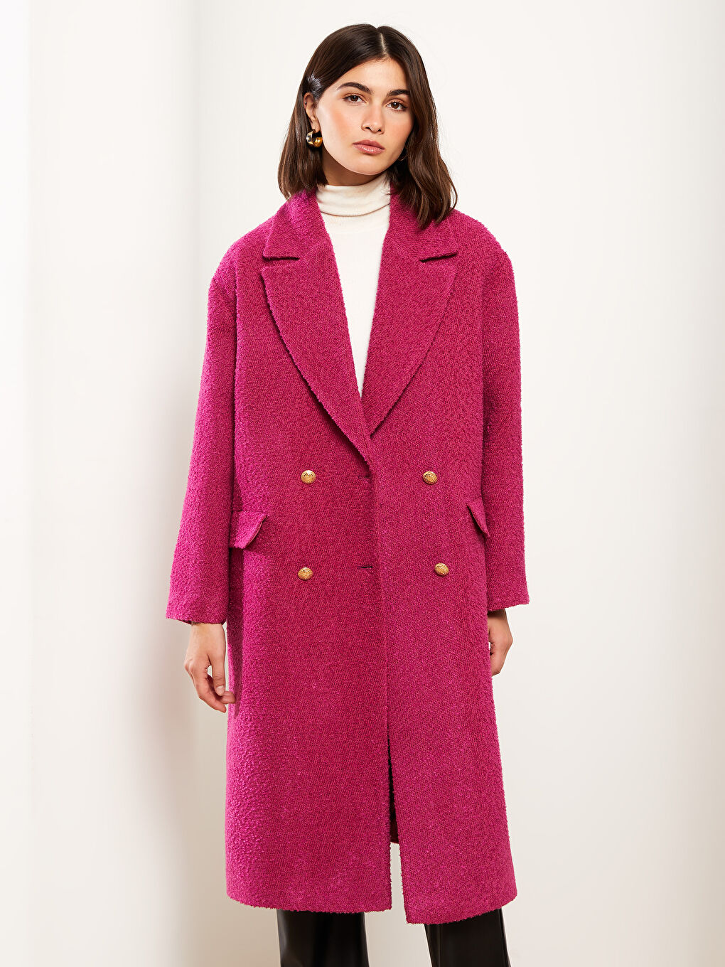 Fuşya Ceket Yaka Kadın Kaşe Kaban-1