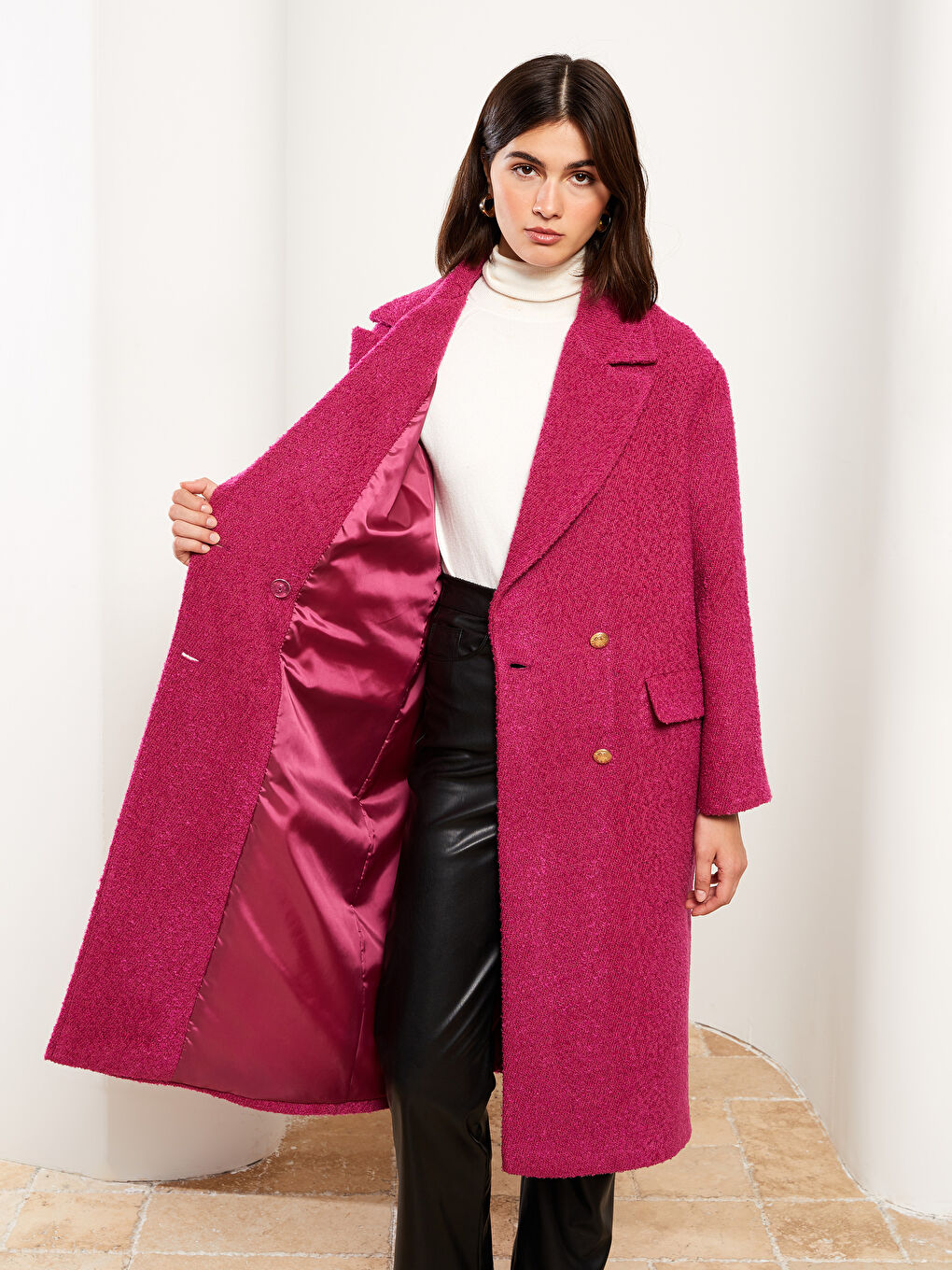 Fuşya Ceket Yaka Kadın Kaşe Kaban-2