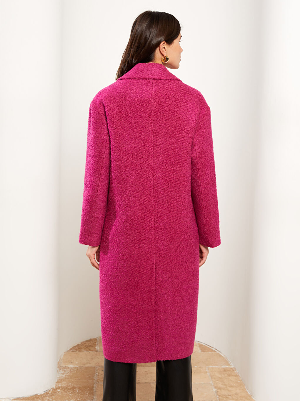 Fuşya Ceket Yaka Kadın Kaşe Kaban-4