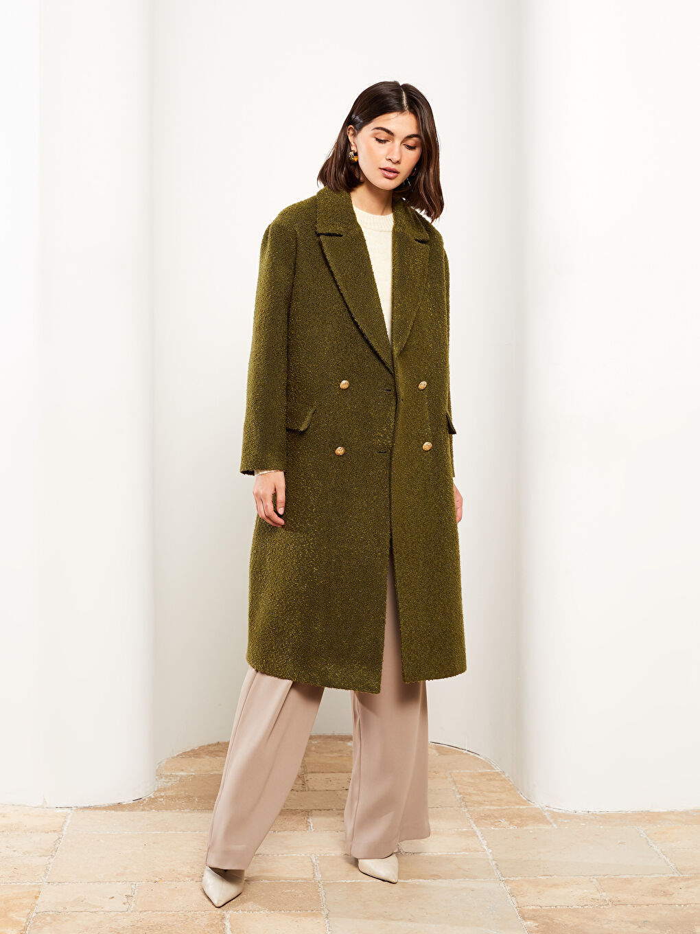 Haki Ceket Yaka Kadın Kaşe Kaban-1