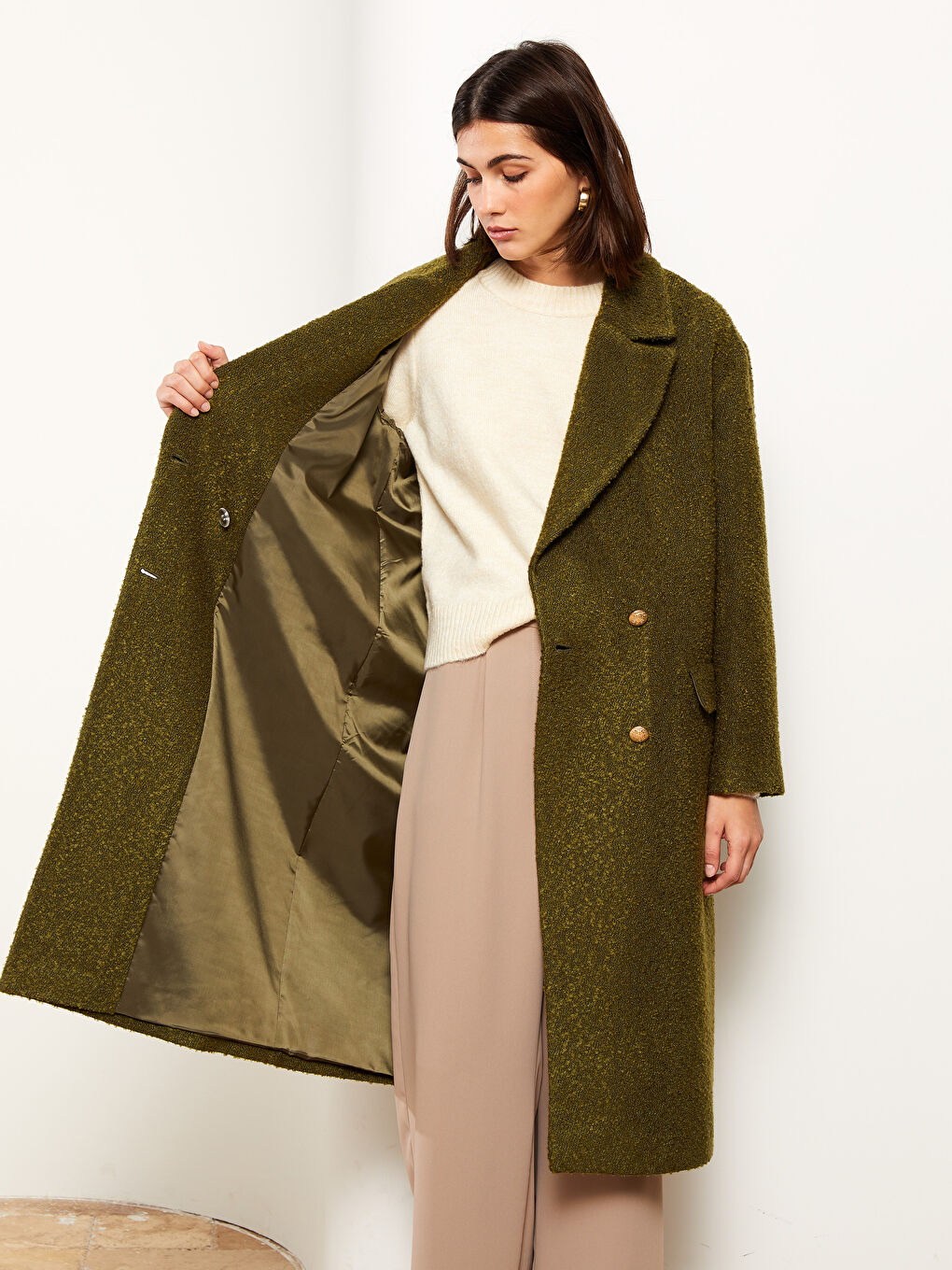 Haki Ceket Yaka Kadın Kaşe Kaban-2