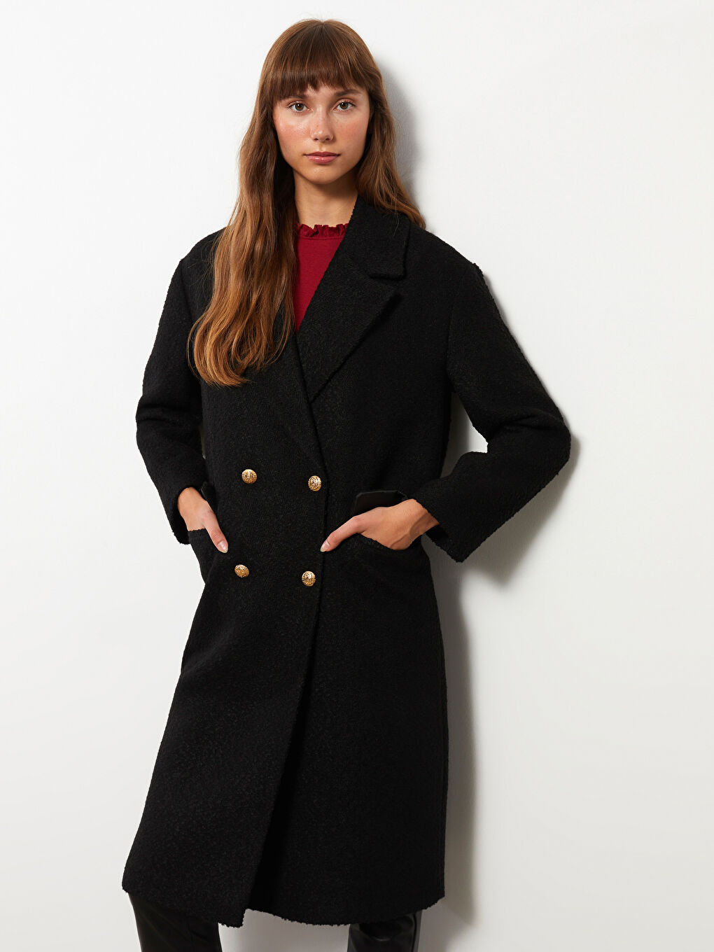 Siyah Ceket Yaka Kadın Kaşe Kaban-2