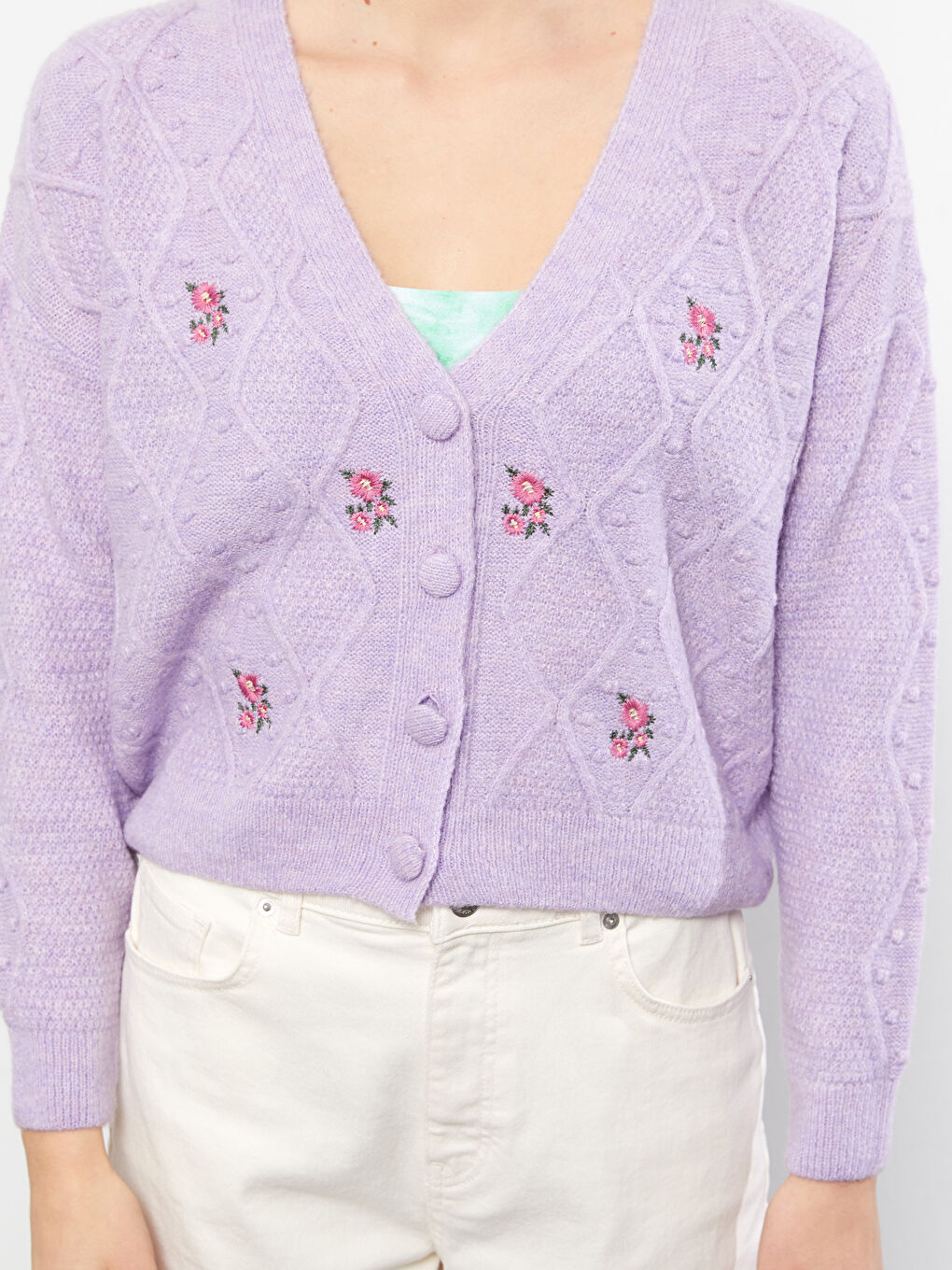 Mor V Yaka Nakışlı Uzun Kollu Kadın Triko Hırka-3