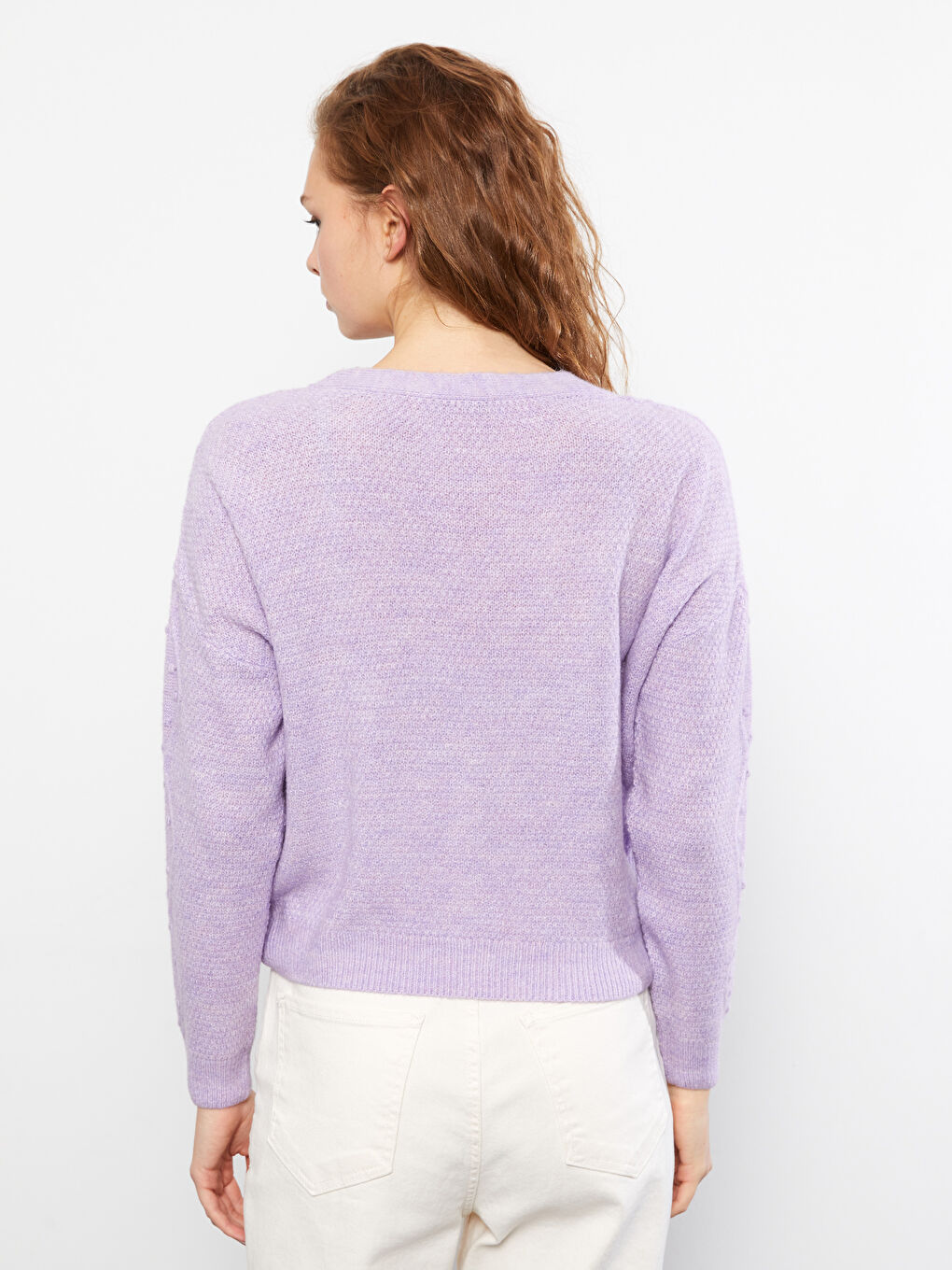 Mor V Yaka Nakışlı Uzun Kollu Kadın Triko Hırka-4