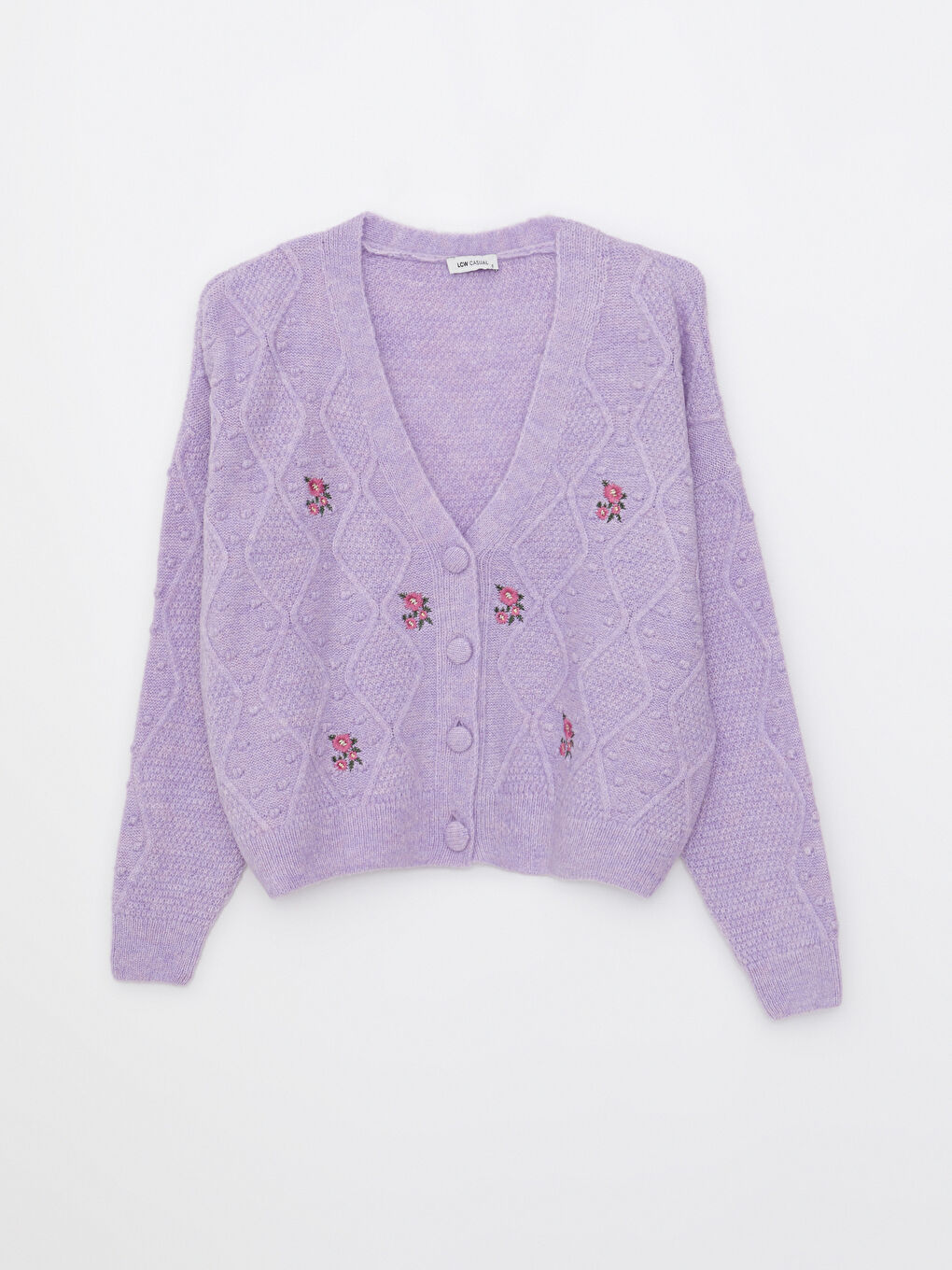 Mor V Yaka Nakışlı Uzun Kollu Kadın Triko Hırka-5