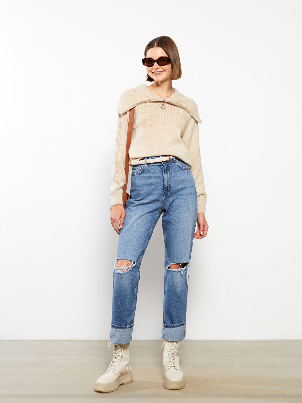 LCW Vision Polo Neck Self Patterned Long Sleeve Women's Tricot Sweater -W2AP50Z8-L8Q