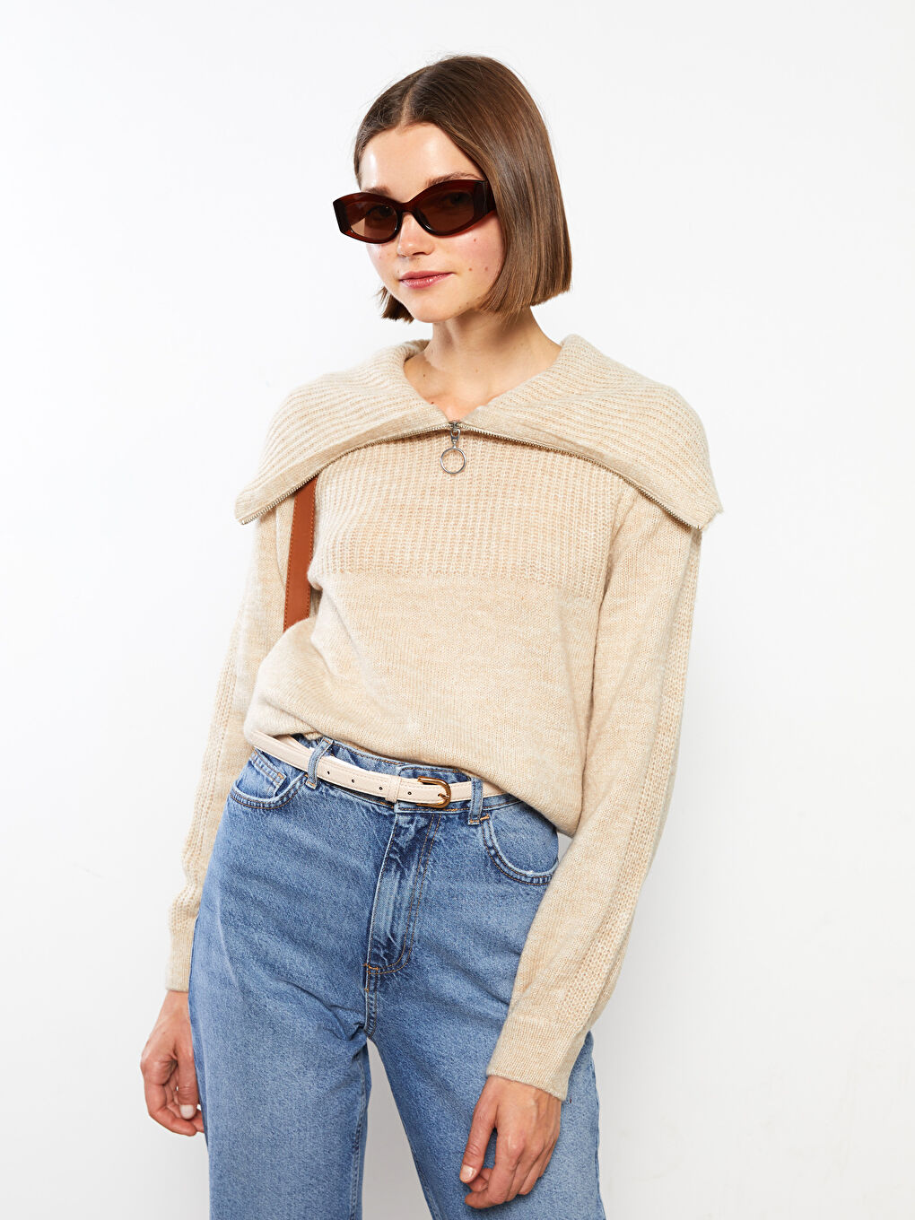LCW Vision Polo Neck Self Patterned Long Sleeve Women's Tricot Sweater -W2AP50Z8-L8Q