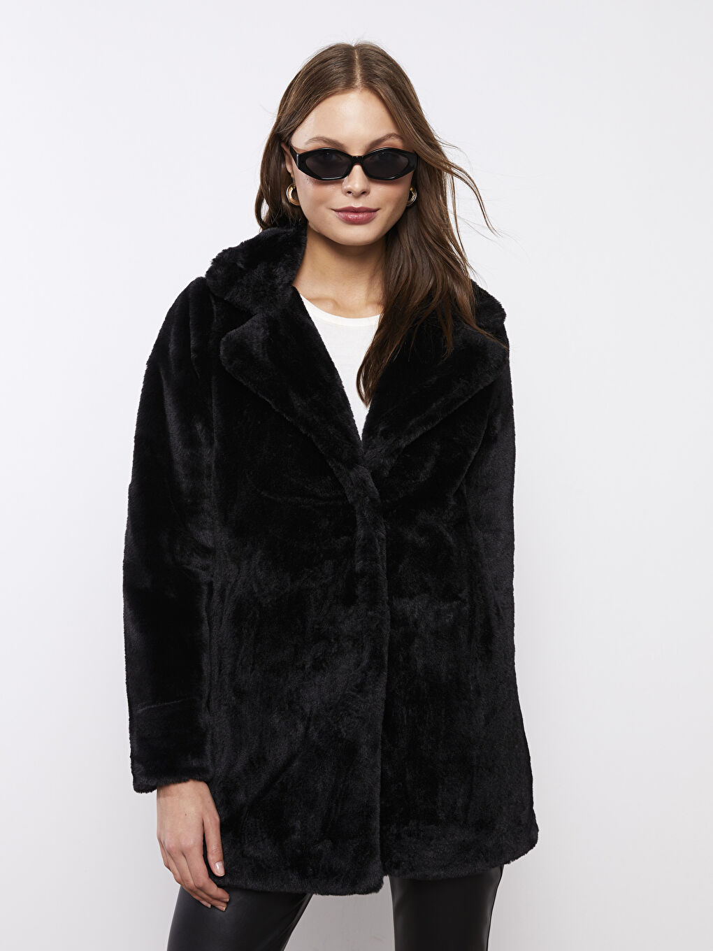 معطف ياقة الجاكيت مستقيمة كم طويل فرو للسيدات