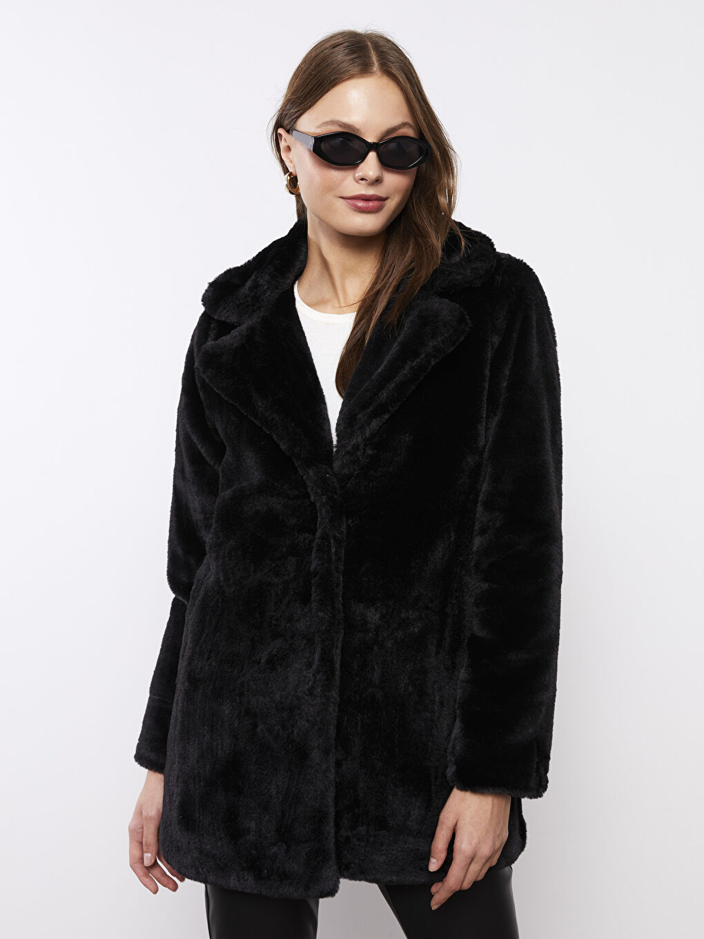 معطف ياقة الجاكيت مستقيمة كم طويل فرو للسيدات-1