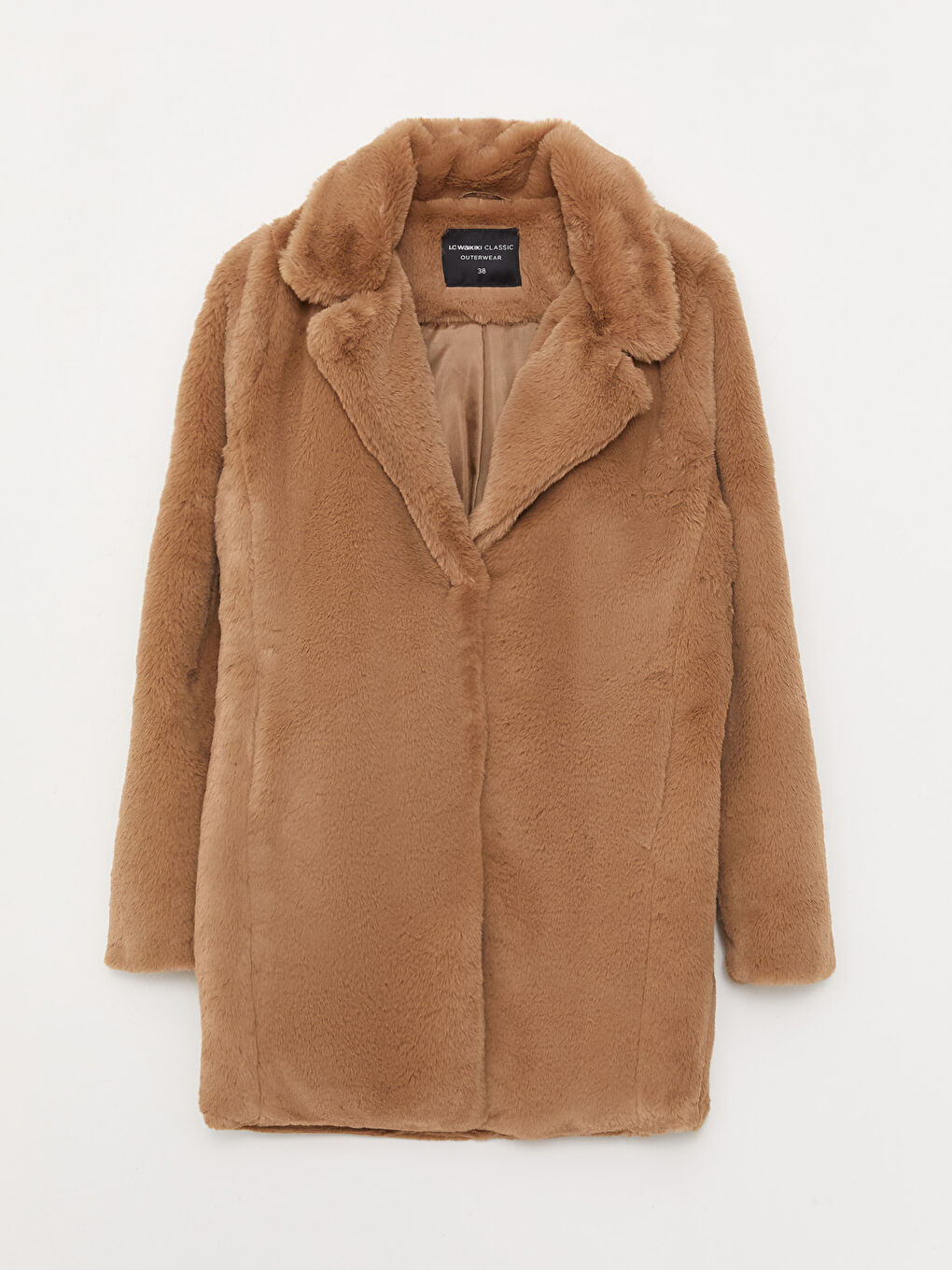 Kahverengi Ceket Yaka Düz Uzun Kollu Kürklü Kadın Kaban-5