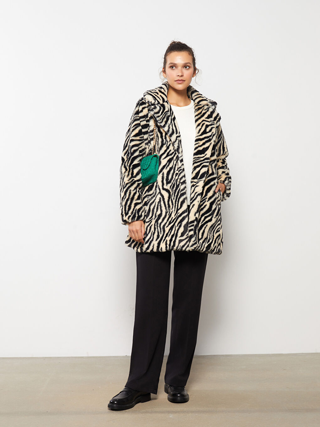 Jacket Collar Patterned Long Sleeve Shearling Women's Coat-1