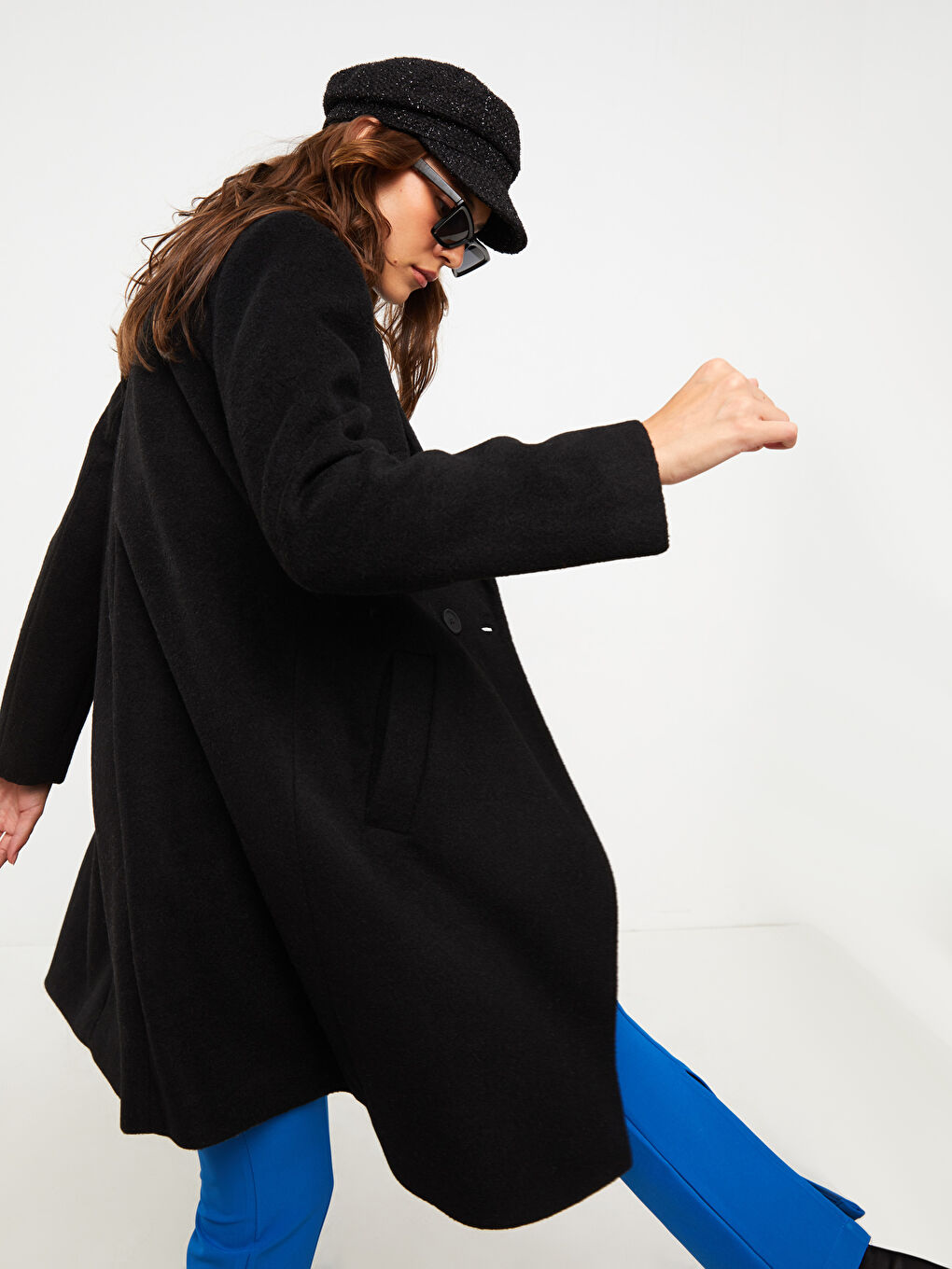 Siyah Ceket Yaka Kadın Kaşe Kaban-2