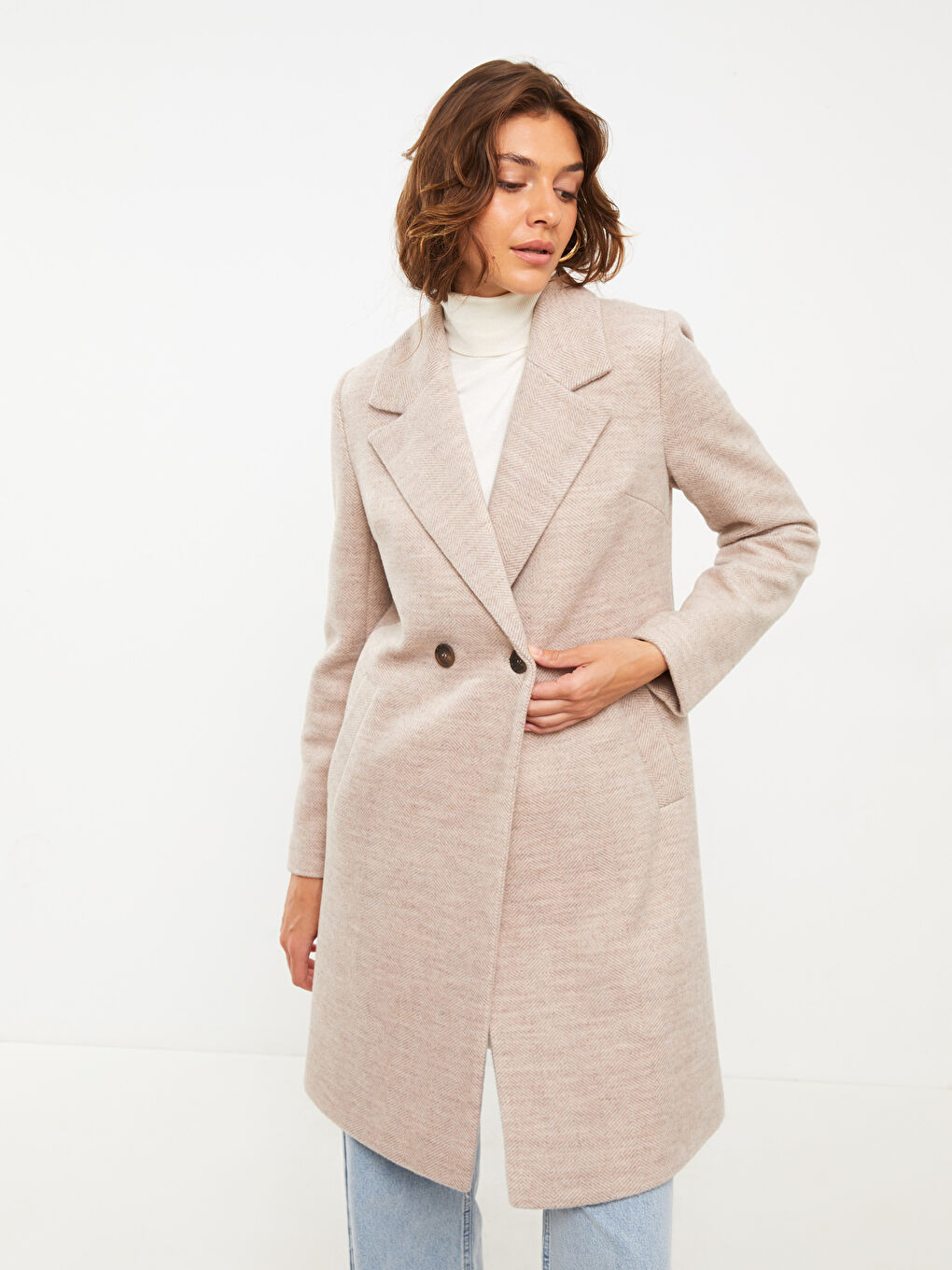 Bej Ceket Yaka Kadın Kaşe Kaban-2