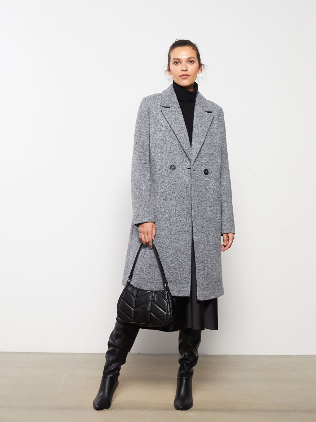 Gri Ceket Yaka Kadın Kaşe Kaban