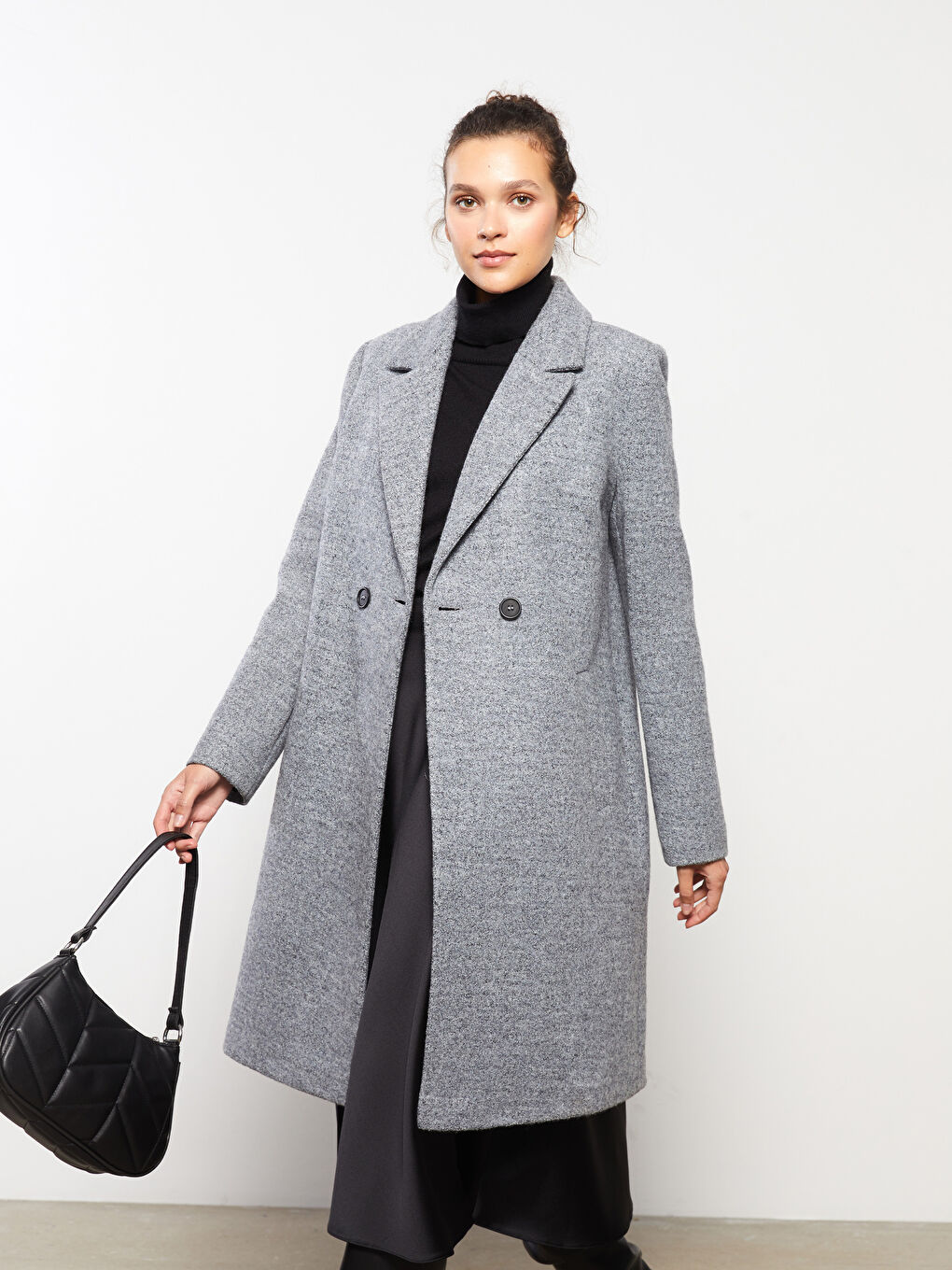 Gri Ceket Yaka Kadın Kaşe Kaban-1