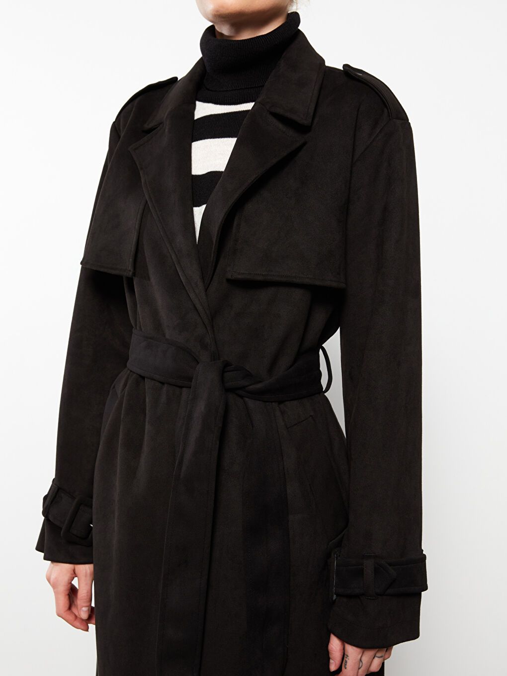 Siyah Ceket Yaka Düz Uzun Kollu Kadın Trençkot-3