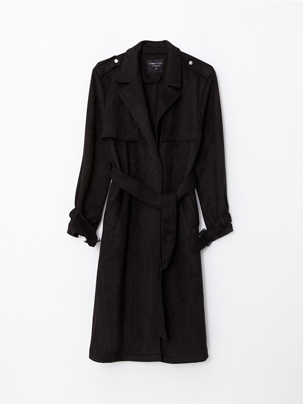 Siyah Ceket Yaka Düz Uzun Kollu Kadın Trençkot-5