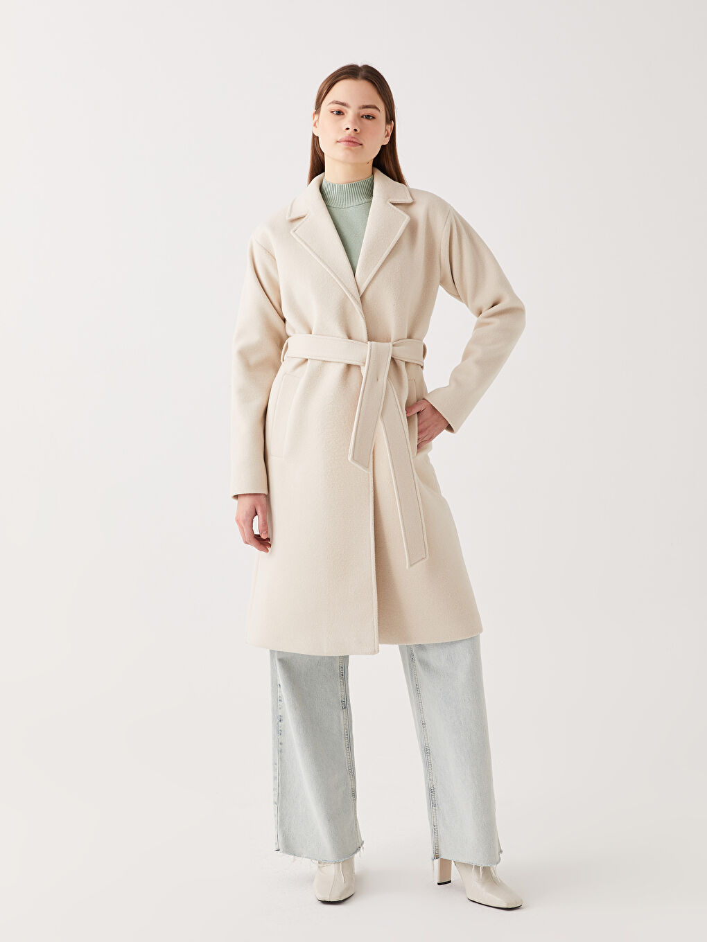 Ekru Ceket Yaka Kadın Kaşe Kaban-2