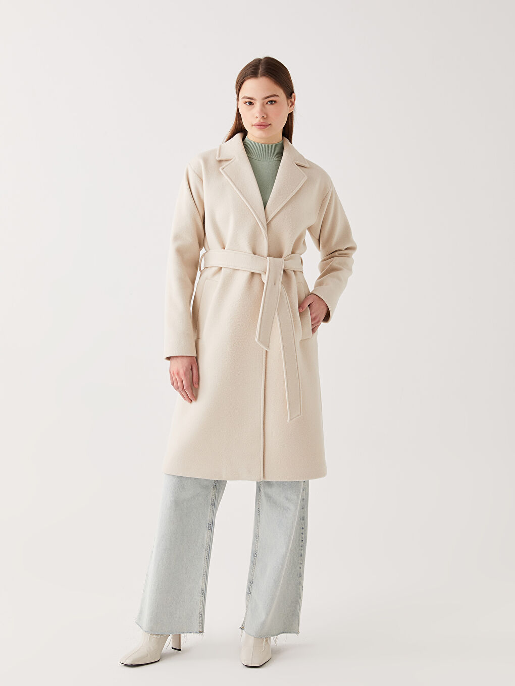 Ekru Ceket Yaka Kadın Kaşe Kaban-3