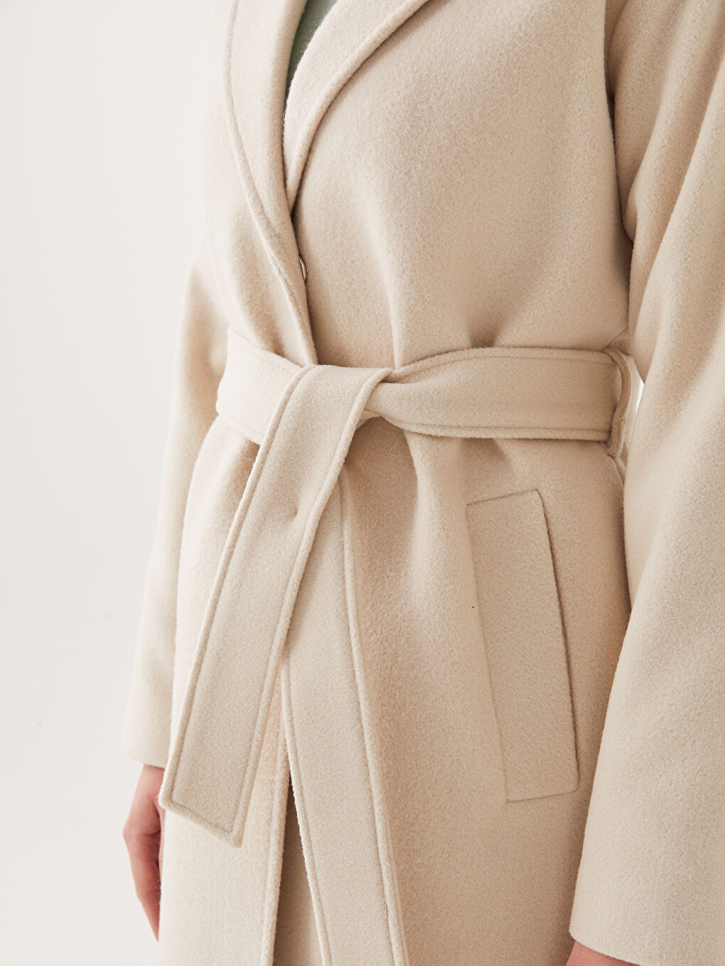 Ekru Ceket Yaka Kadın Kaşe Kaban-5