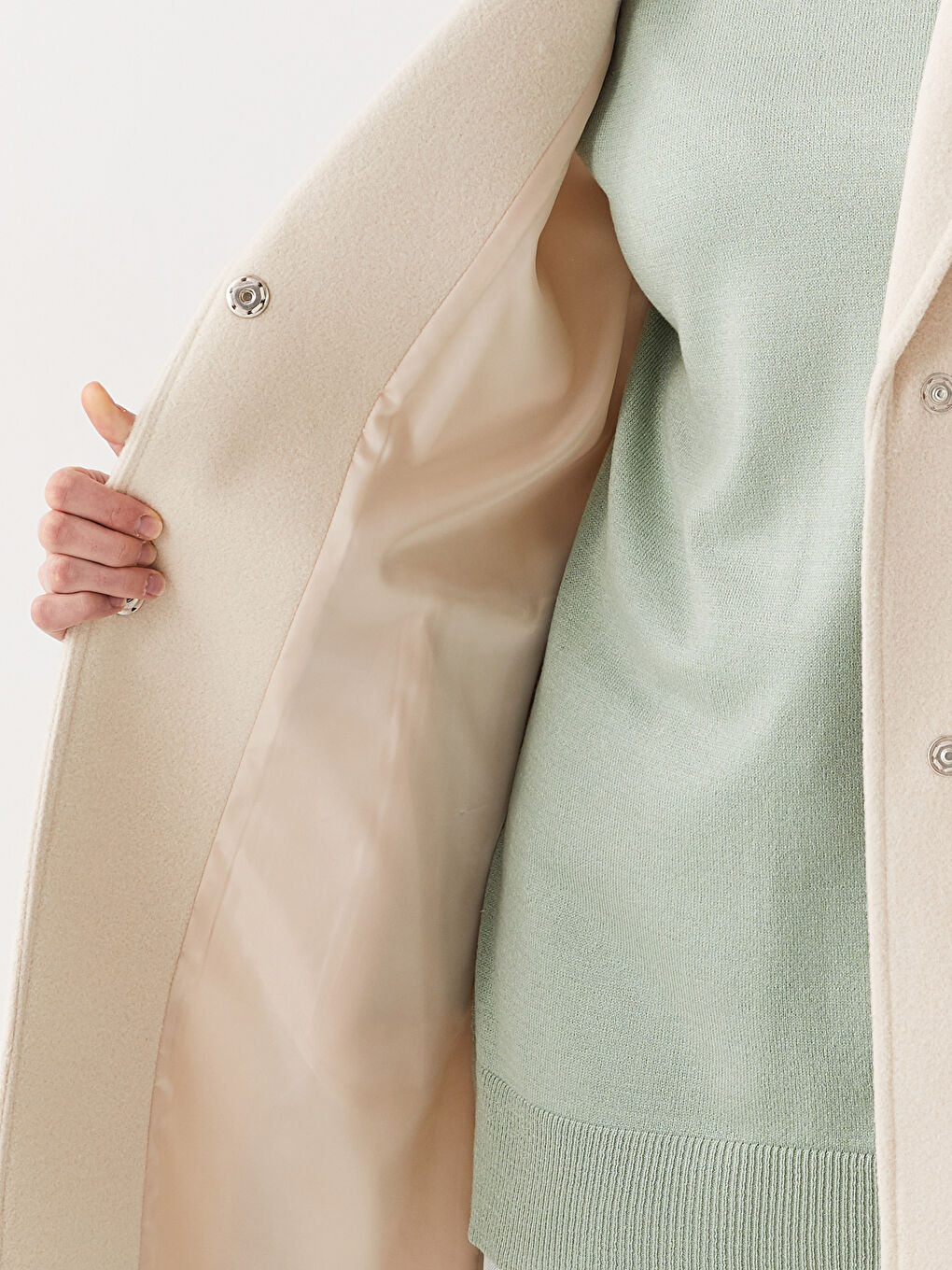 Ekru Ceket Yaka Kadın Kaşe Kaban-6