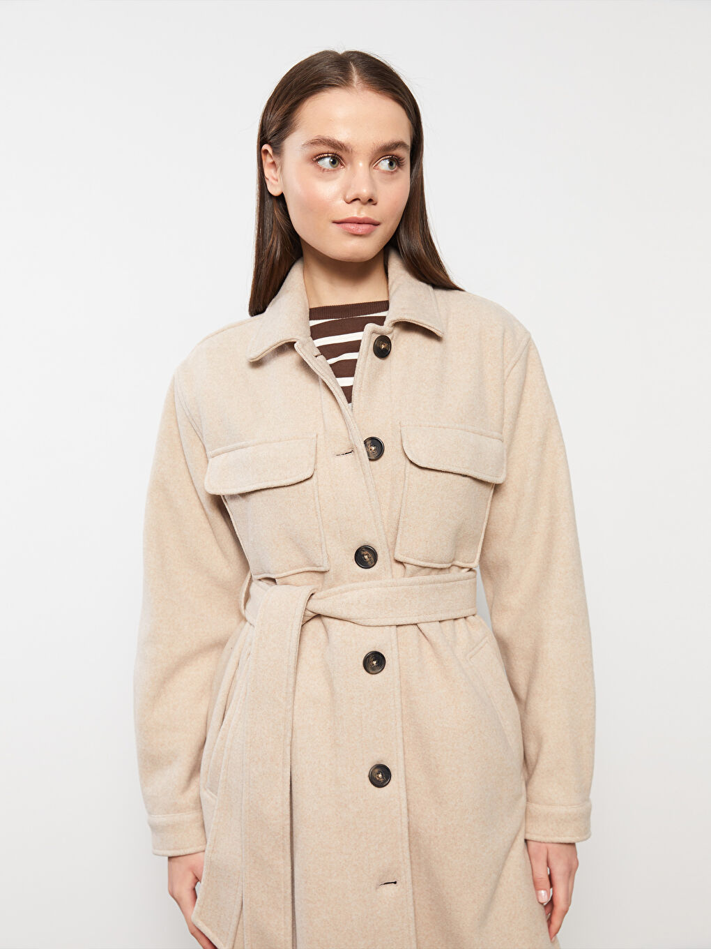 Bej Gömlek Yaka Düz Uzun Kollu Kadın Kaşe Kaban-4