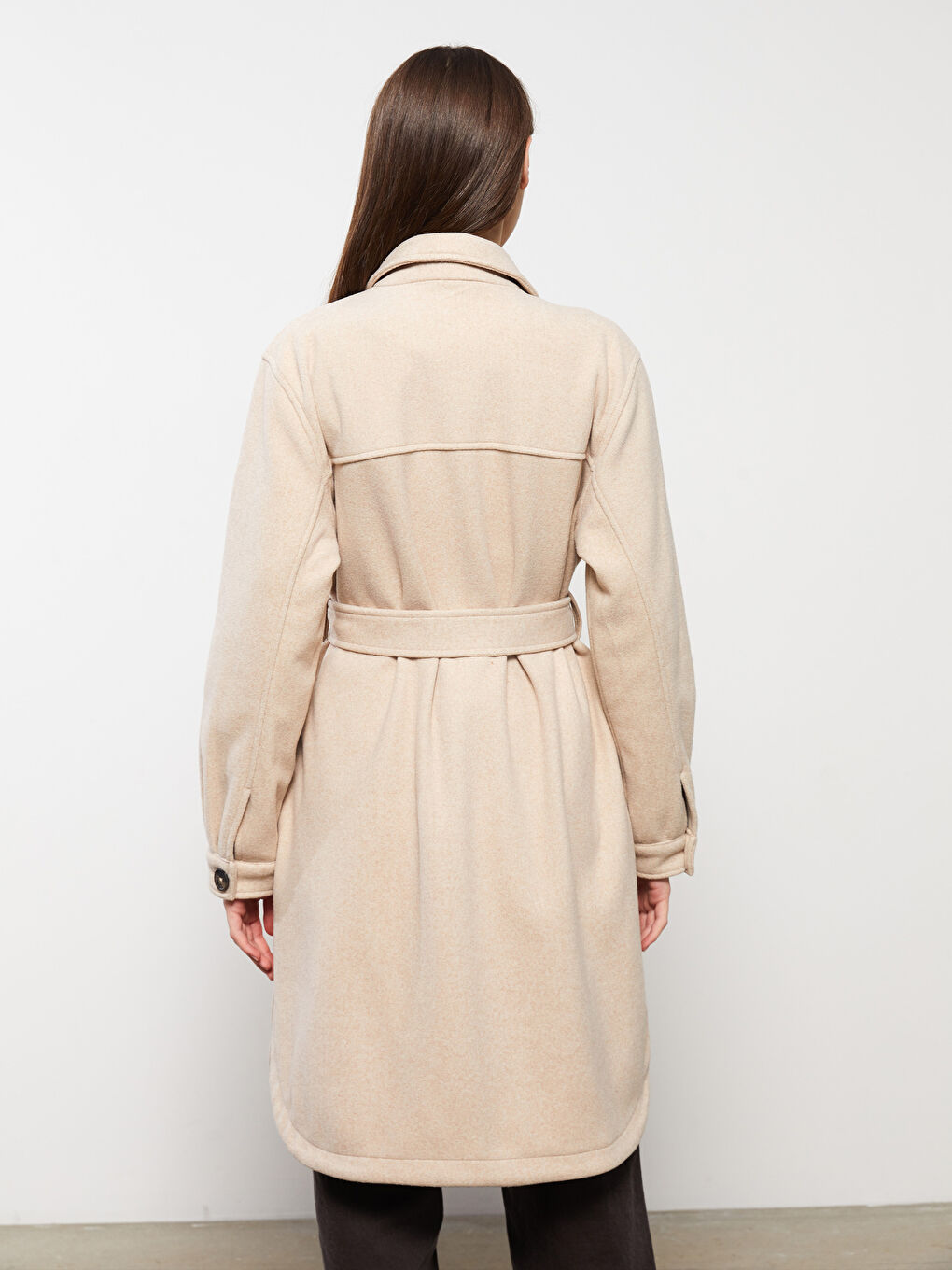 Bej Gömlek Yaka Düz Uzun Kollu Kadın Kaşe Kaban-10