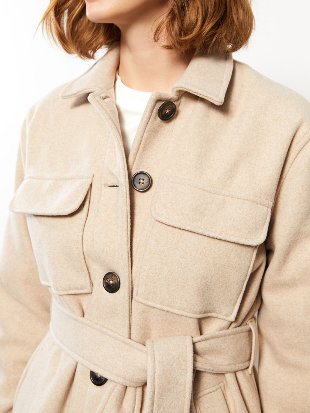 Bej Gömlek Yaka Düz Uzun Kollu Kadın Kaşe Kaban-9