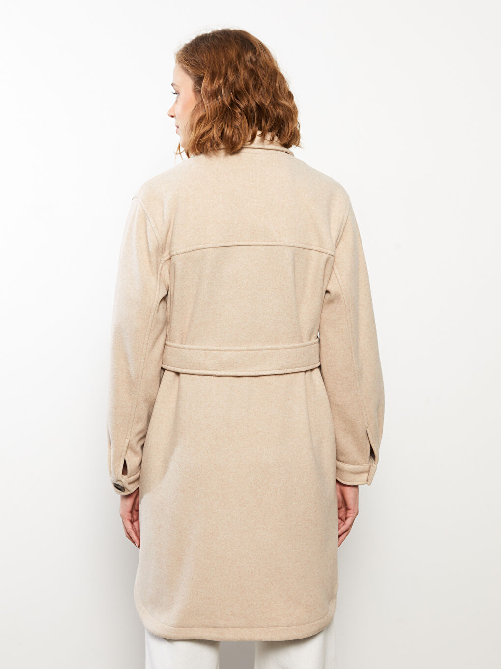 Bej Gömlek Yaka Düz Uzun Kollu Kadın Kaşe Kaban-11