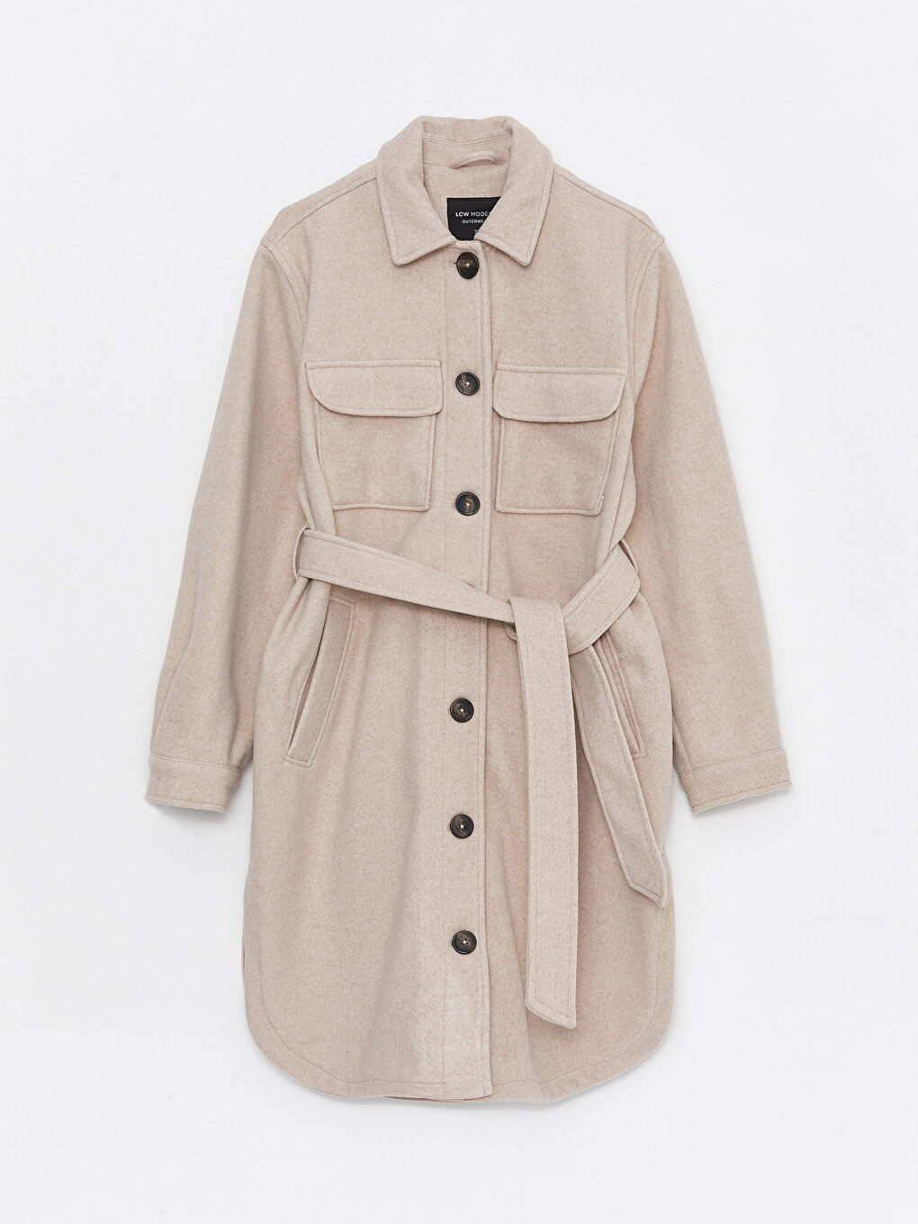 Bej Gömlek Yaka Düz Uzun Kollu Kadın Kaşe Kaban-12