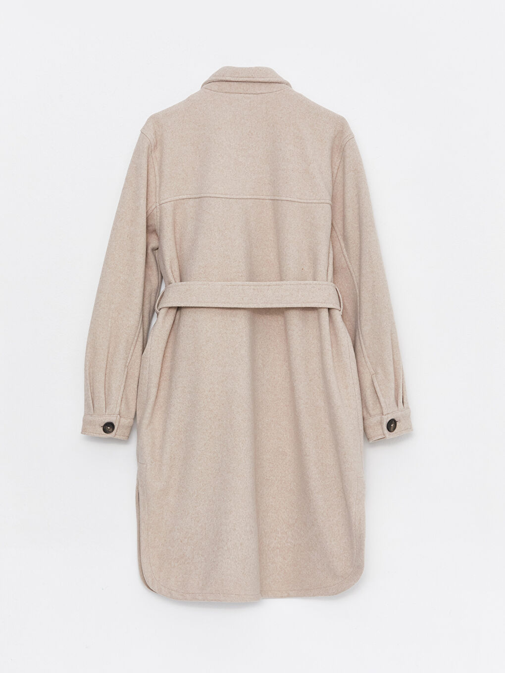 Bej Gömlek Yaka Düz Uzun Kollu Kadın Kaşe Kaban-13