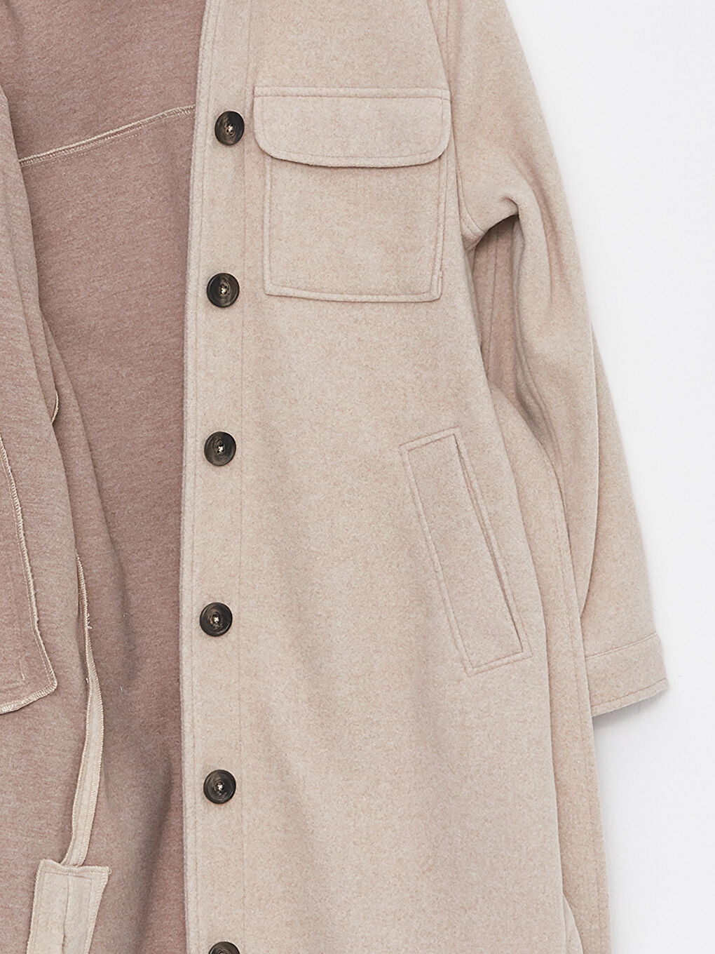 Bej Gömlek Yaka Düz Uzun Kollu Kadın Kaşe Kaban-14