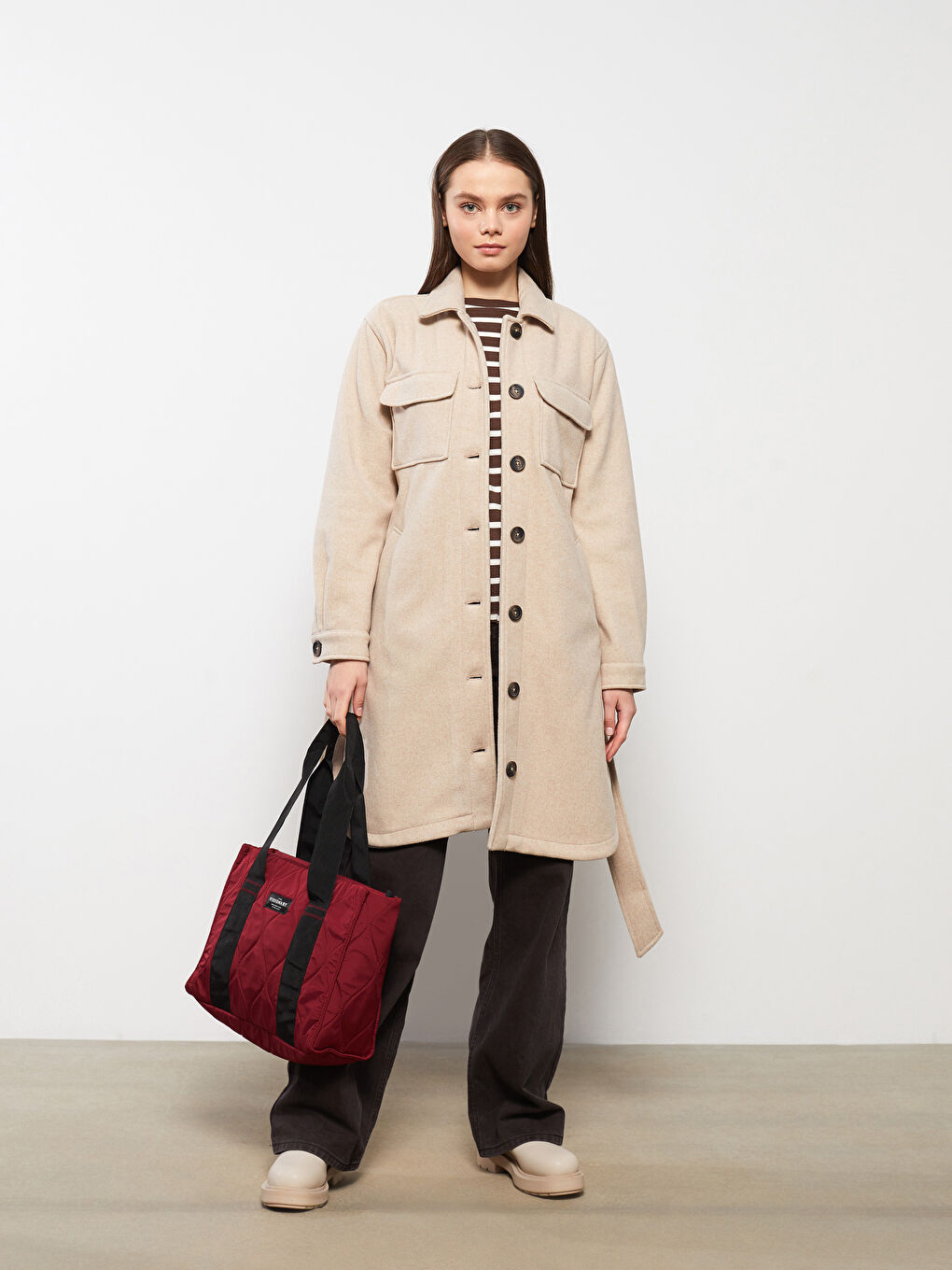 Bej Gömlek Yaka Düz Uzun Kollu Kadın Kaşe Kaban-2