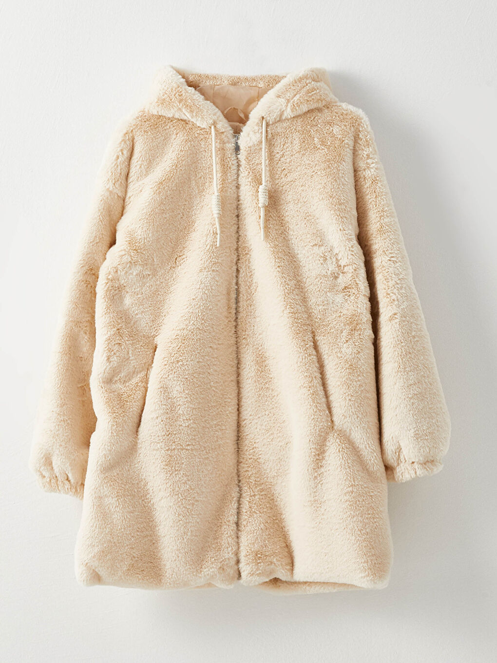 Ekru Kapüşonlu Düz Uzun Kollu Kürklü Kadın Kaban-6