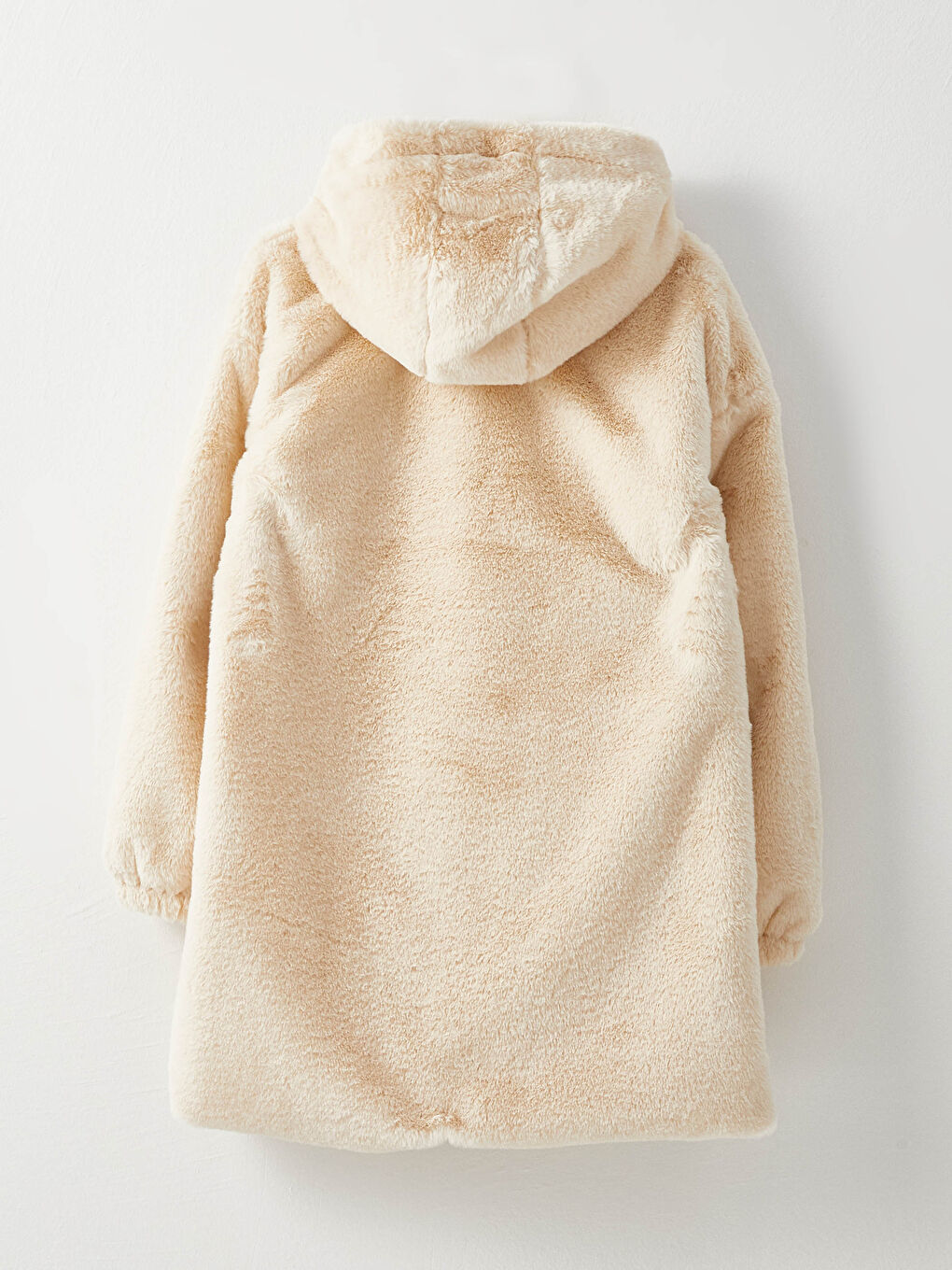 Ekru Kapüşonlu Düz Uzun Kollu Kürklü Kadın Kaban-7