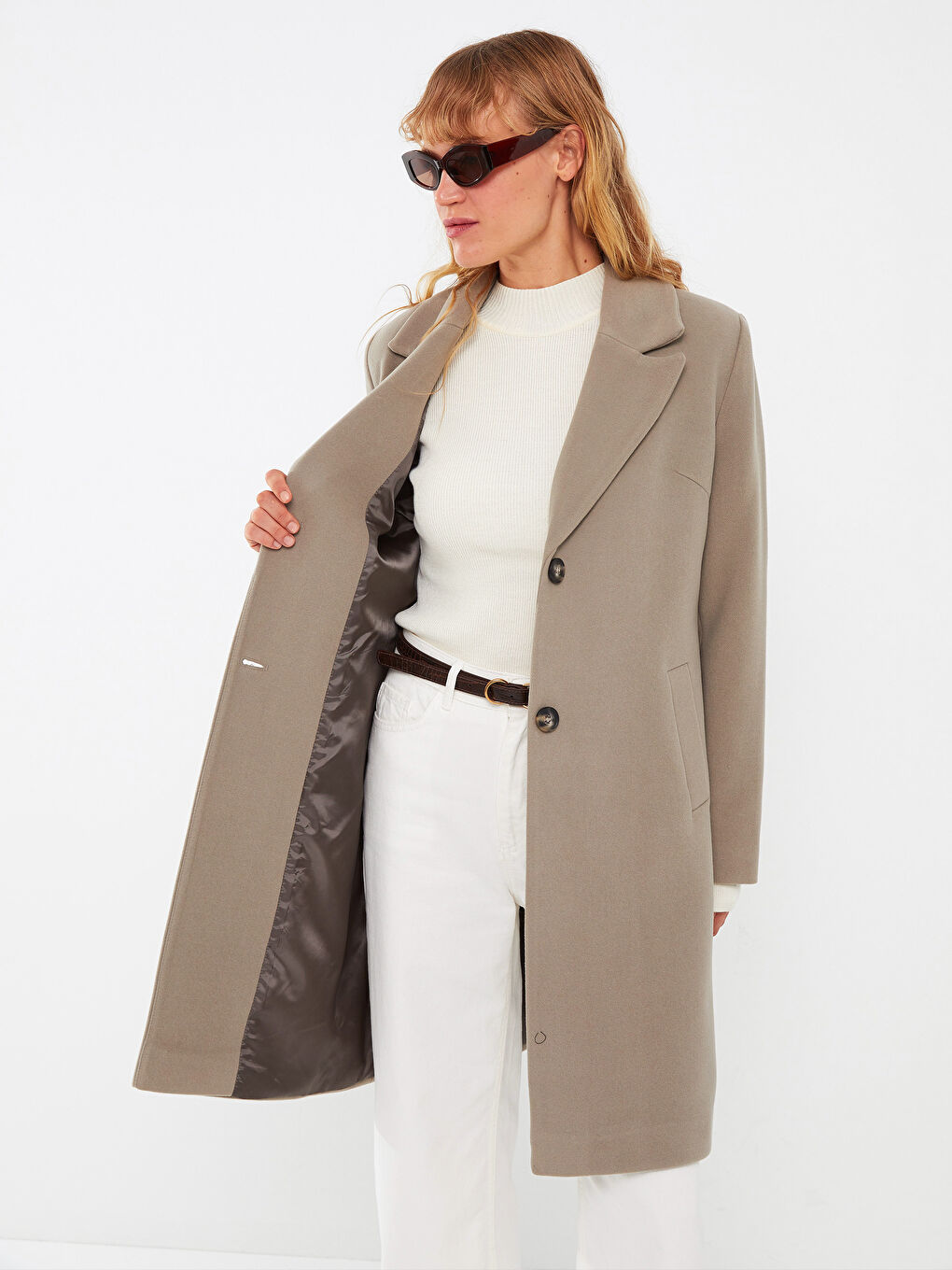 Kahverengi Ceket Yaka Kadın Kaşe Kaban-2