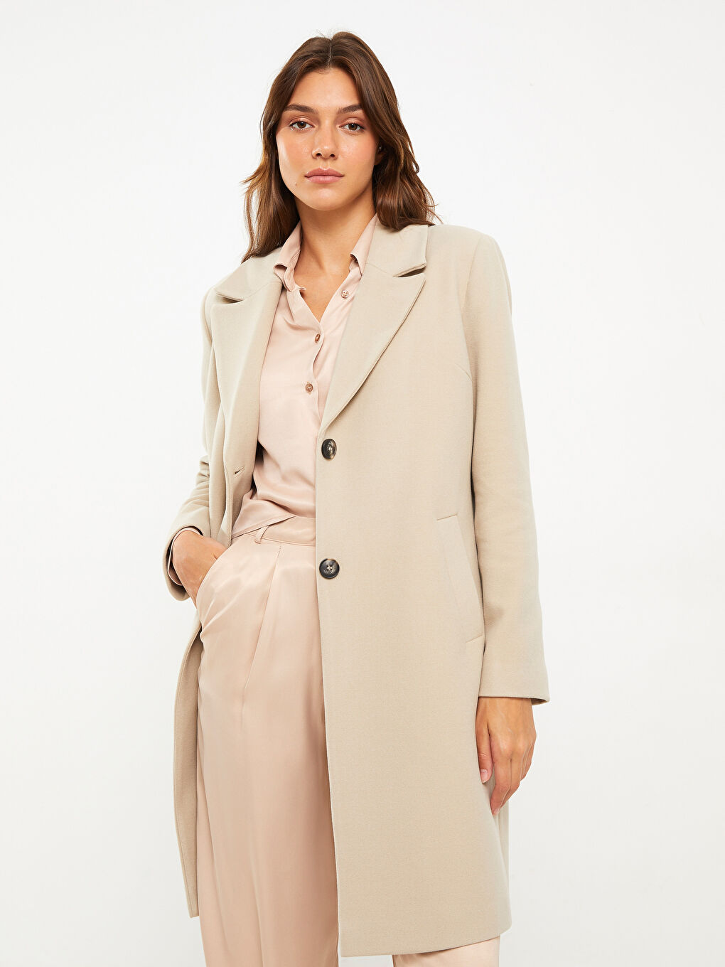 Bej Ceket Yaka Kadın Kaşe Kaban-3